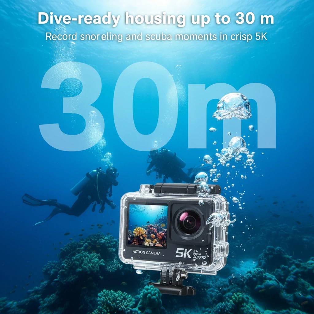 5K 50MP wasserdichte Action-Kamera mit EIS, WiFi und 170° Weitwinkel – Unterwasser-Kamera für Schnorcheln, Tauchen und Vlogging, kompakt und wiederaufladbar