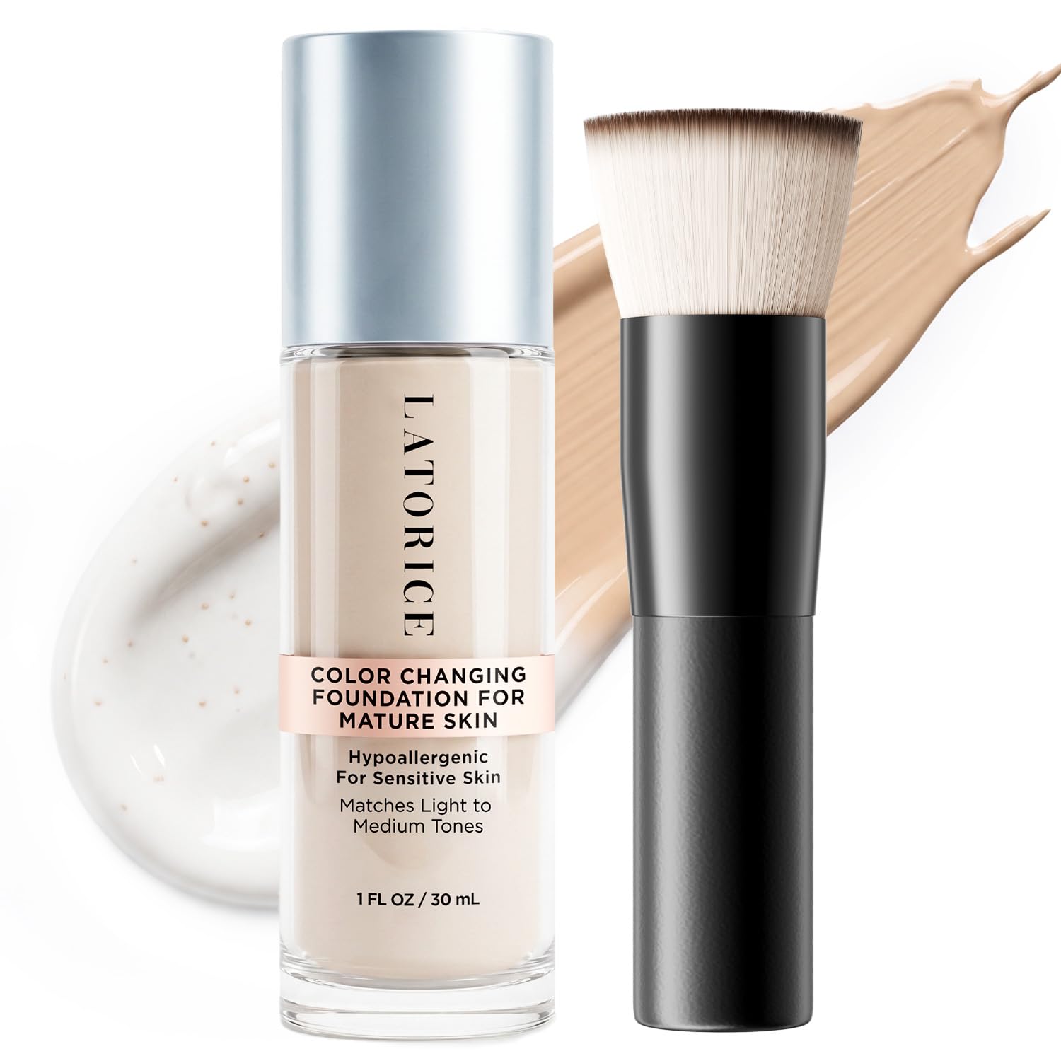 Color Changing Foundation with Professional Brush for Mature Skin: No Settling, Buildable Coverage, 12-Hour Hydration & Wear, Light to Medium Tones, Fragrance-Free - 1 FL OZ 1 Fl Oz (Pack of 1)