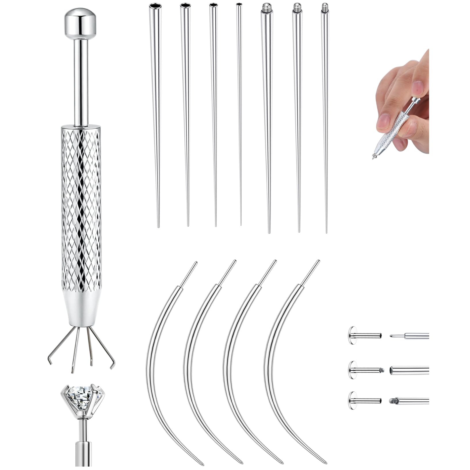 14G 16G 18G 20G Piercing Taper Ball Grabber Tool for Changing Jewelry - 316L Stainless Steel Flat Back Earrings Piercing Threader Assistant Applicator Tool Threadless Insertion Pin Thread Body-image-1