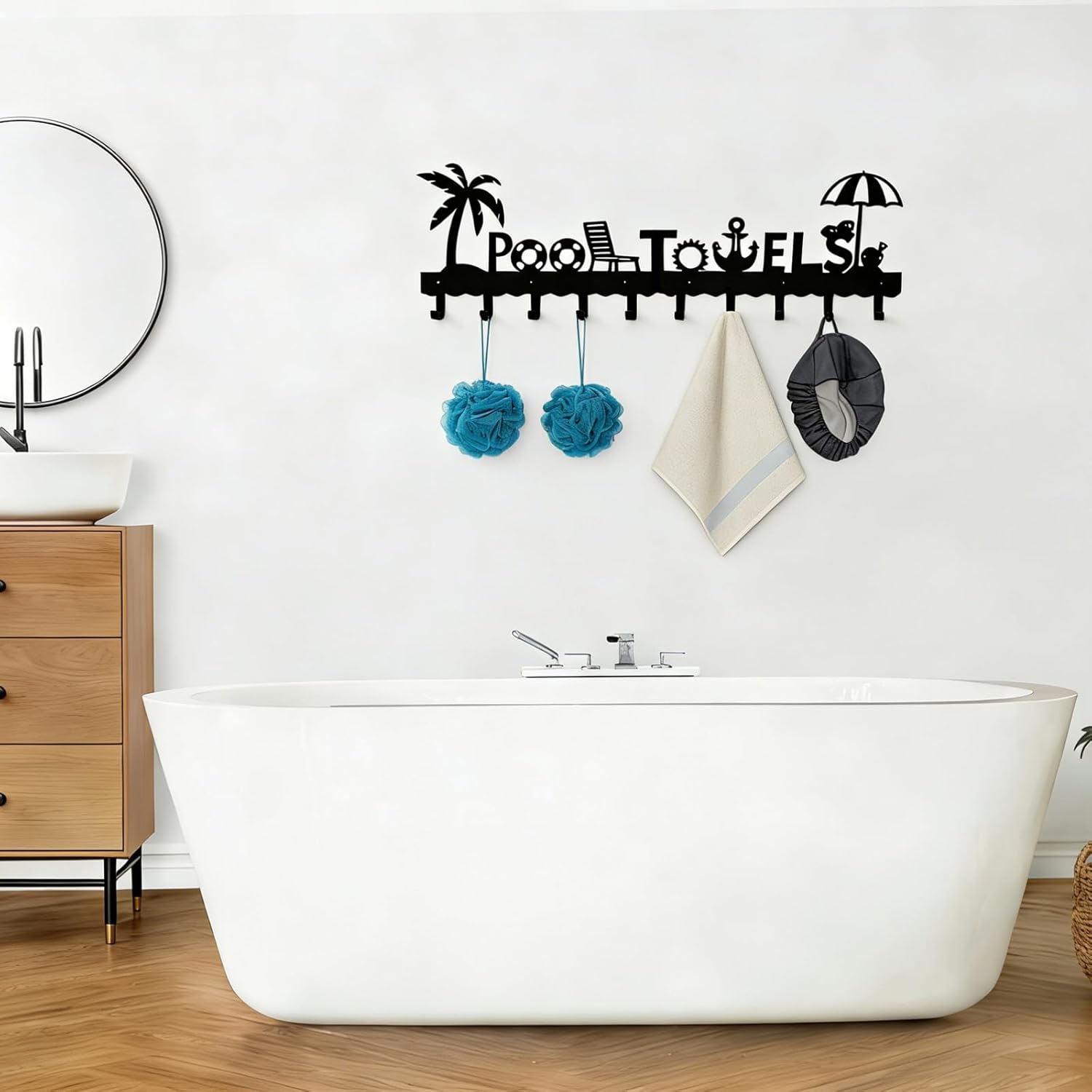 Large Pool Towel Rack (32 Inch), Outdoor Towel Rack for Pool, Wall Mounted Towel Holder Towel Hanger with 10 Hooks, Carbon Steel Towel Organizer Pool Signs and Decor for Bathrobes, Towels, Clothes