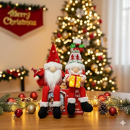Miniatura 9 de Decoraciones de gnomo de Navidad iluminadas, muñeca de elfo sueco Tomte de felpa hecha a mano de 12 pulgadas, paquete de 2 regalos de Navidad enanos