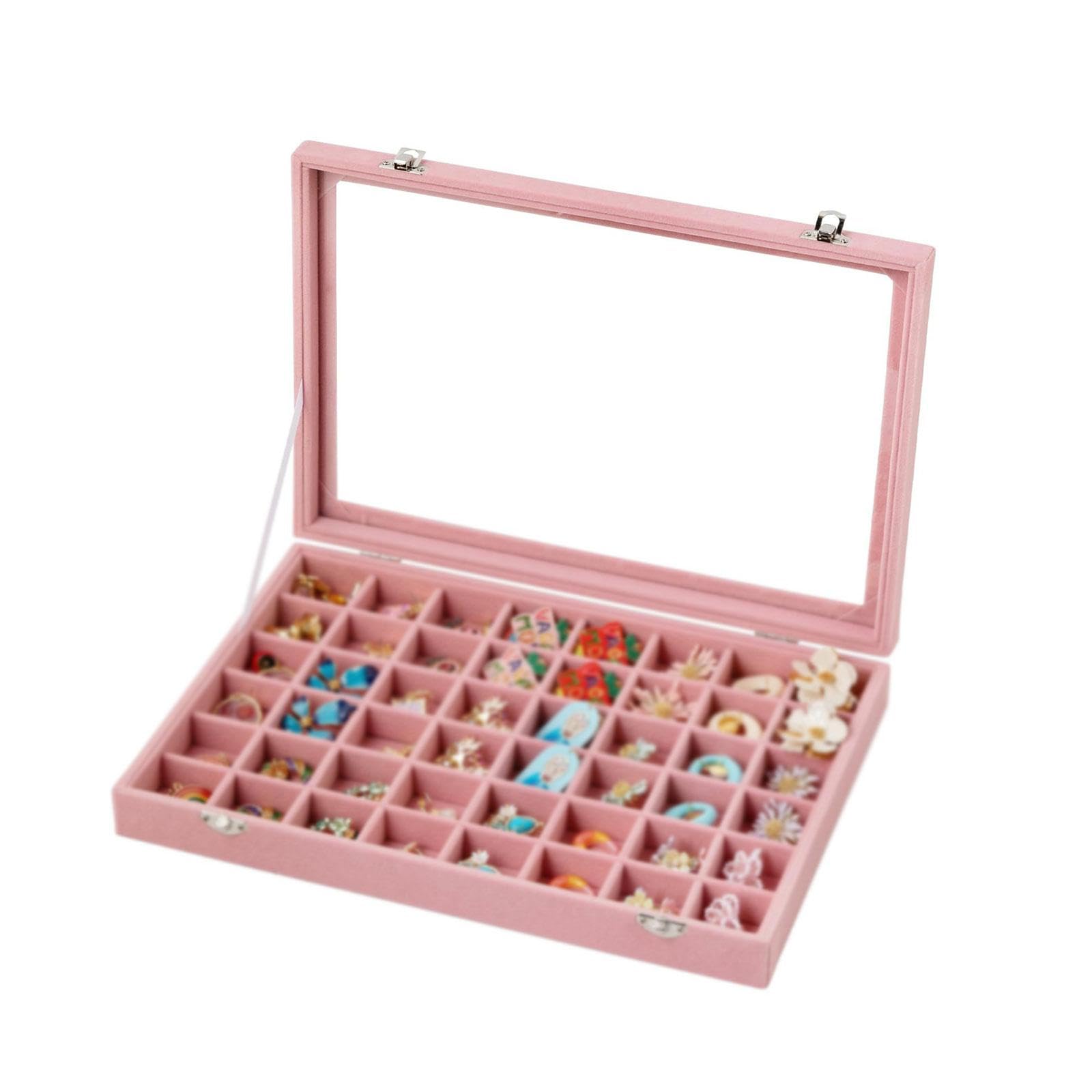 Qianly Jewelry Tray Organizer con 48 Scomparti Regolabili Porta Anelli Orecchini Collane Bracciali Custodia Robusta con Coperchio Trasparente in Tessuto, Rosa