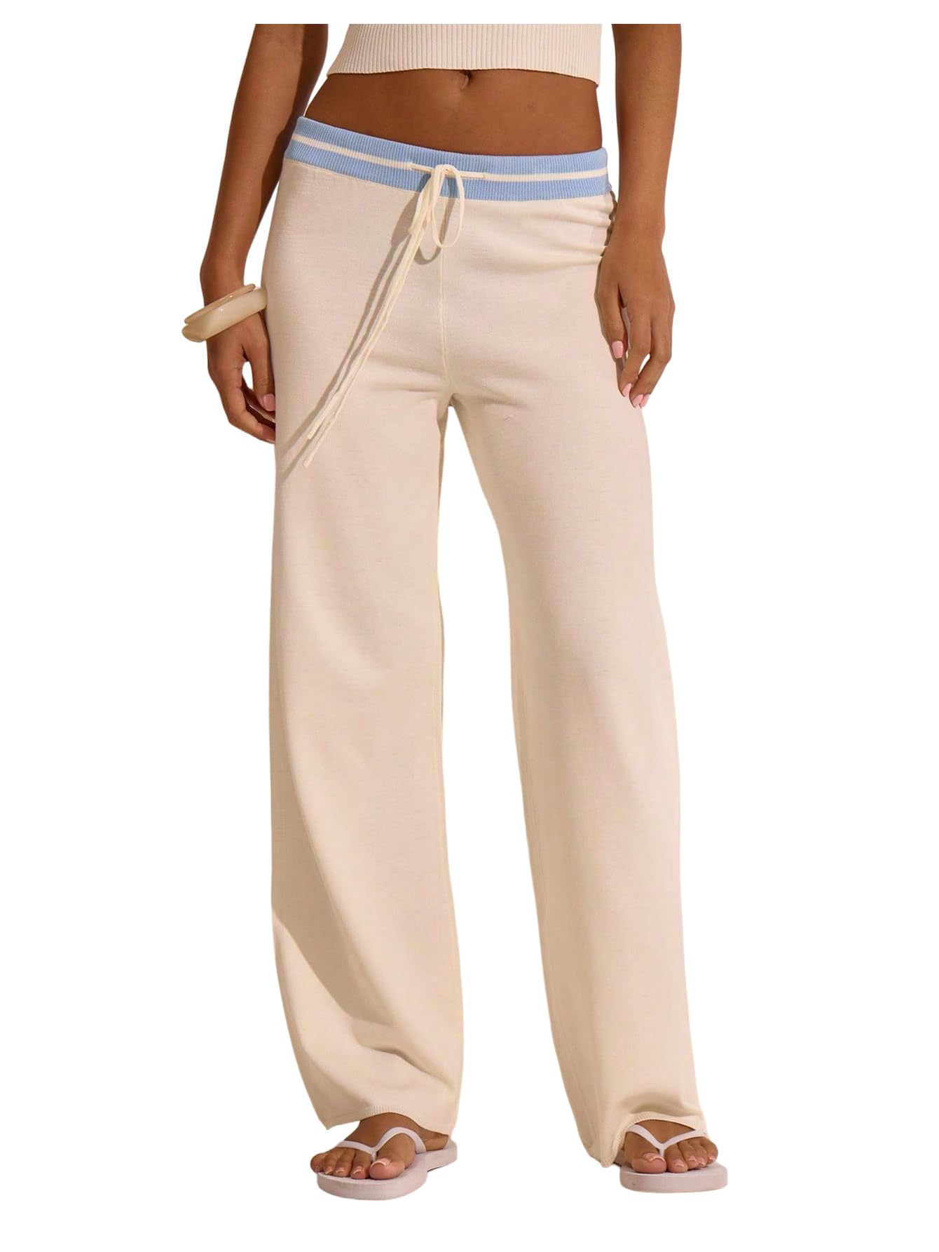 Floerns Womens Drawstring Waist Knit Lounge Pants Straight Leg Striped Sweater Pants