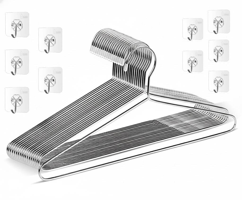 PulGos 12 Metal Clothes Hanger + 10 Pack Transparent Single Hooks Combo |Rust Free & Heavy Duty |Non-Slip| Lightweight & Durable |Smooth Finish Design| Space-Saving Wardrobe & Closet Organizer Hangers
