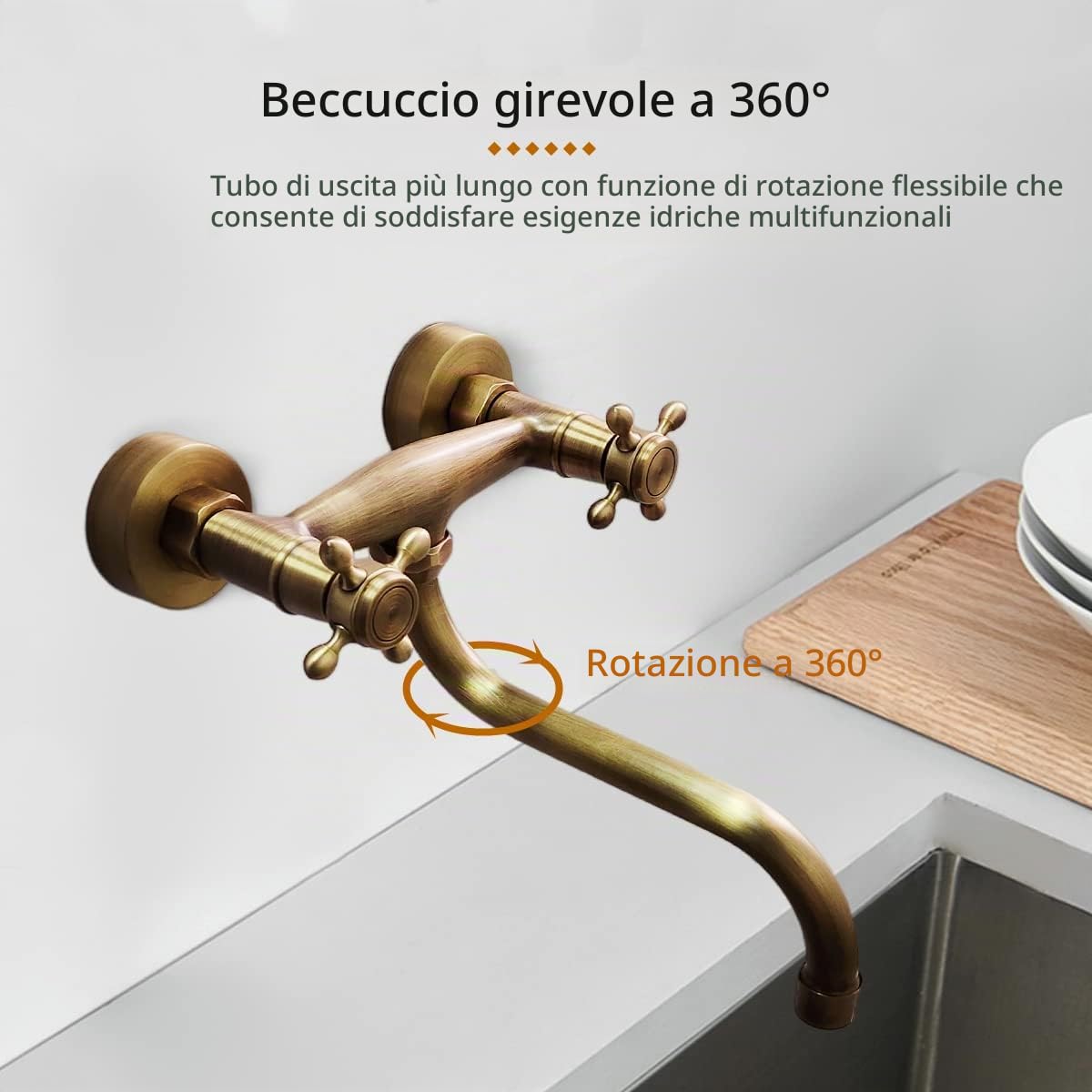 Rubinetto Lavello a Muro Ottone Anticato, Miscelatore Cucina a Parete Bronzo Retro, Girevole a 360° Rubinetto con Doppia Manopola Vintage per Cucina e Bagno