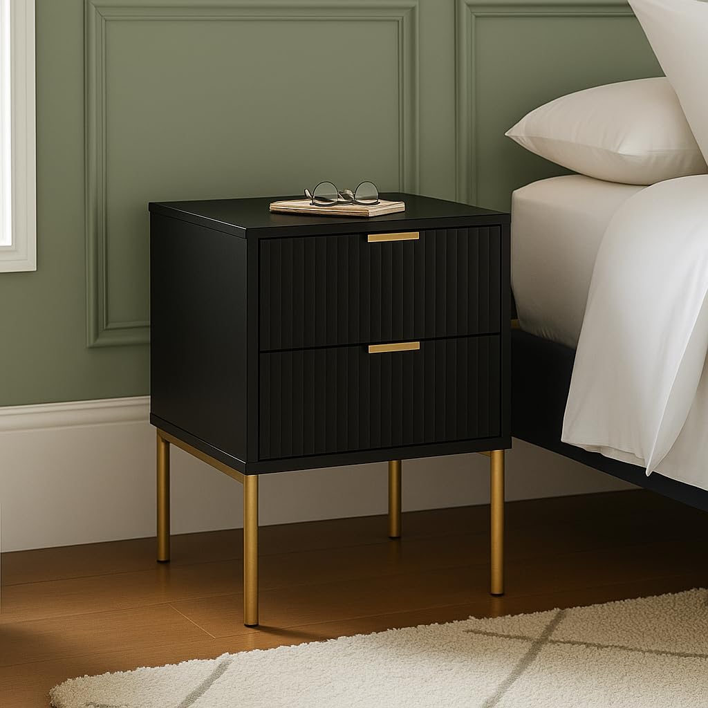 Home Treats Bedroom Furniture Set Black Wooden Bedside Table with Legs & Gold Accents 3 Piece Set Ridged Design (Bedside Table) — image 1