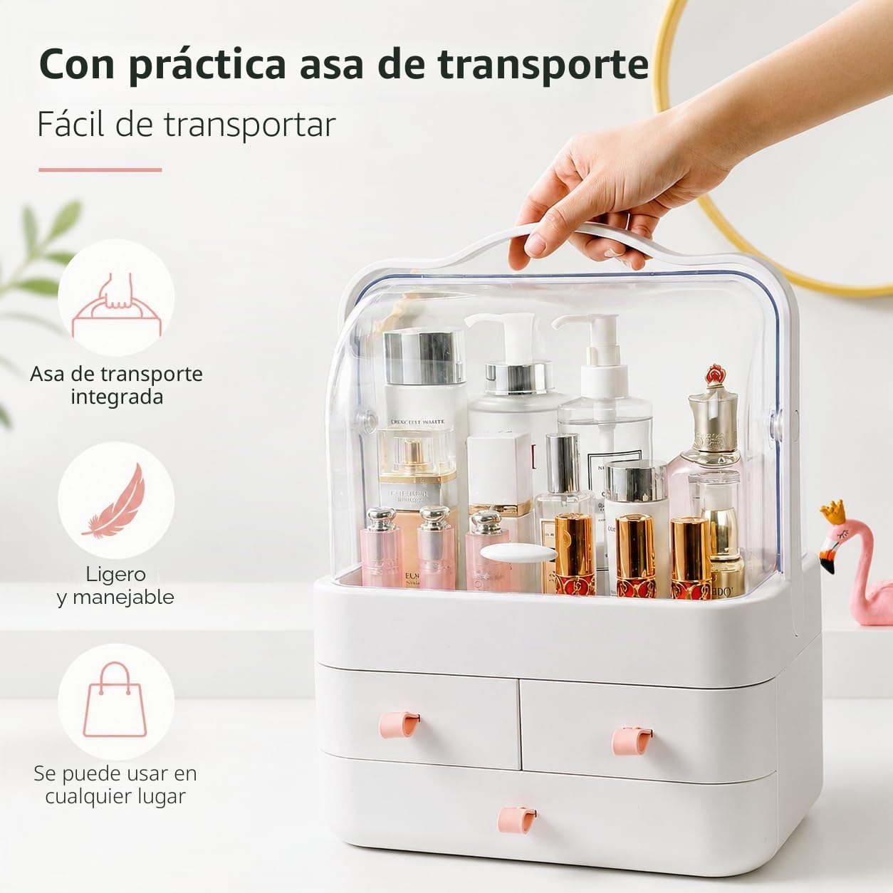 RMAN® Organizador de Maquillaje con Cajones y Tapa Transparente, Rosa | Giratoria 180º, Portátil con Asa de Transporte, Para Cosméticos y Perfumes, Para Tocador, Baño, Dormitorio