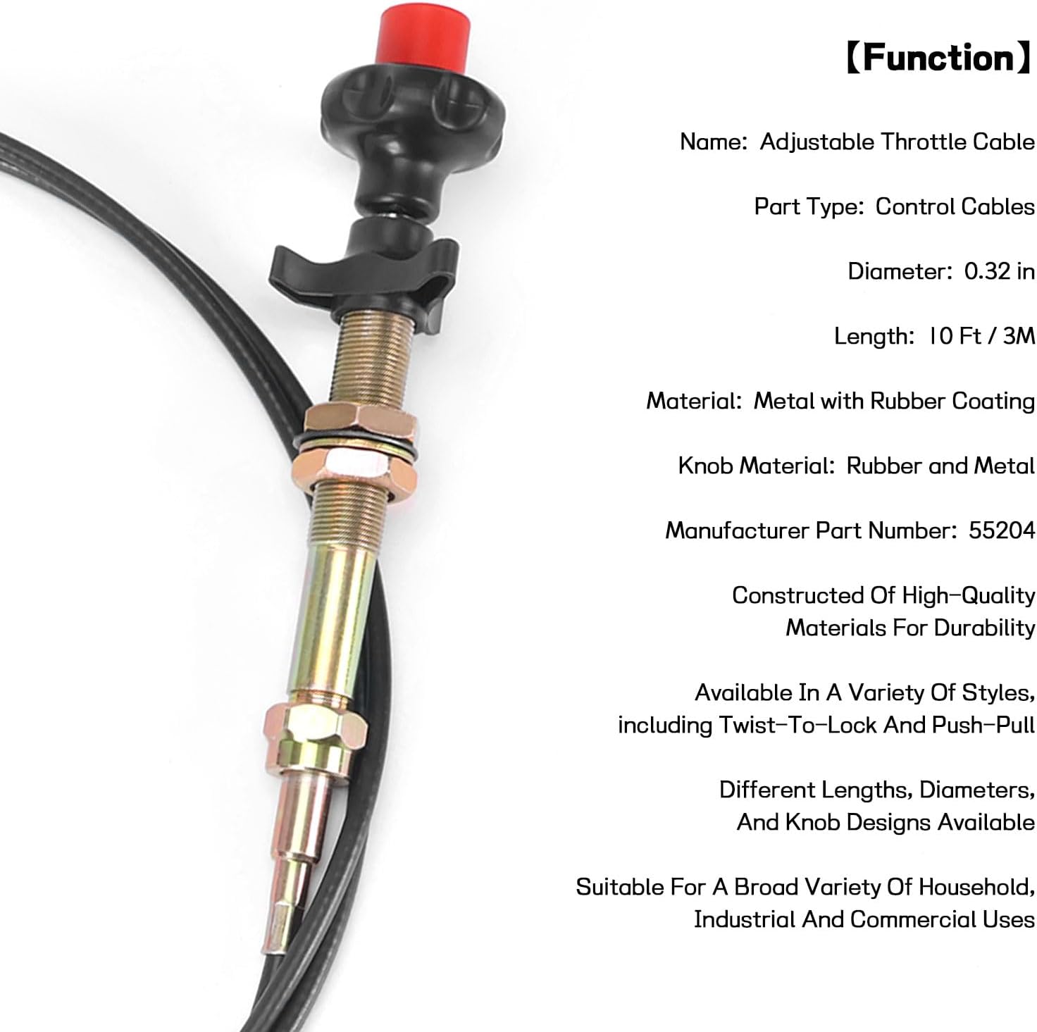 Creative.C 10 FT Heavy Duty Vernier Adjustable Lock Cable, 55204 Control Cables, Adjustable Throttle Cables with 2 in, Red Knob