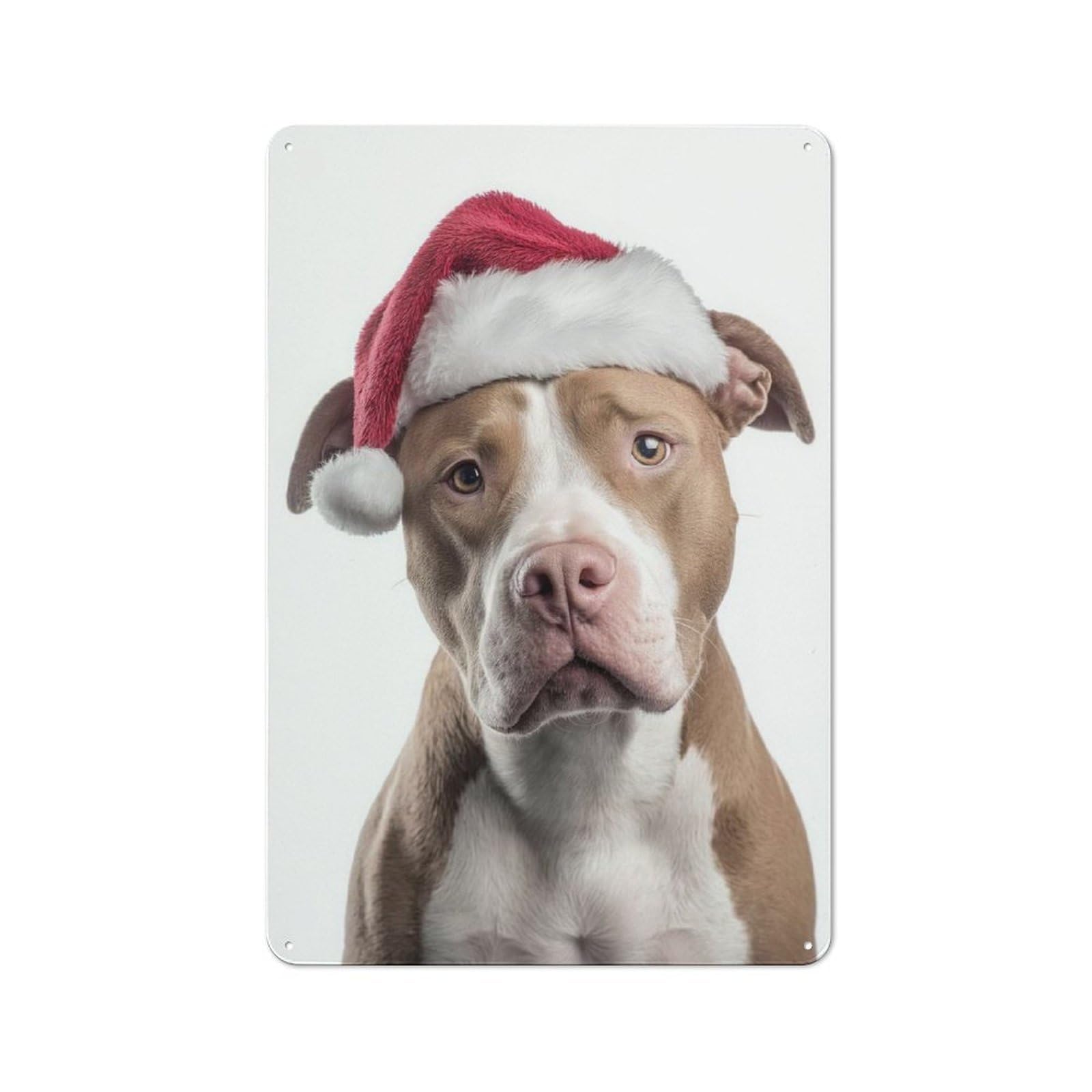 Junmoney Pitbull Dog With Santa Hat Portrait Rustic Metal Plaque 30X20cm For Lounge Or Reading Corner, For Home Office, Studio And Craft Room Walls