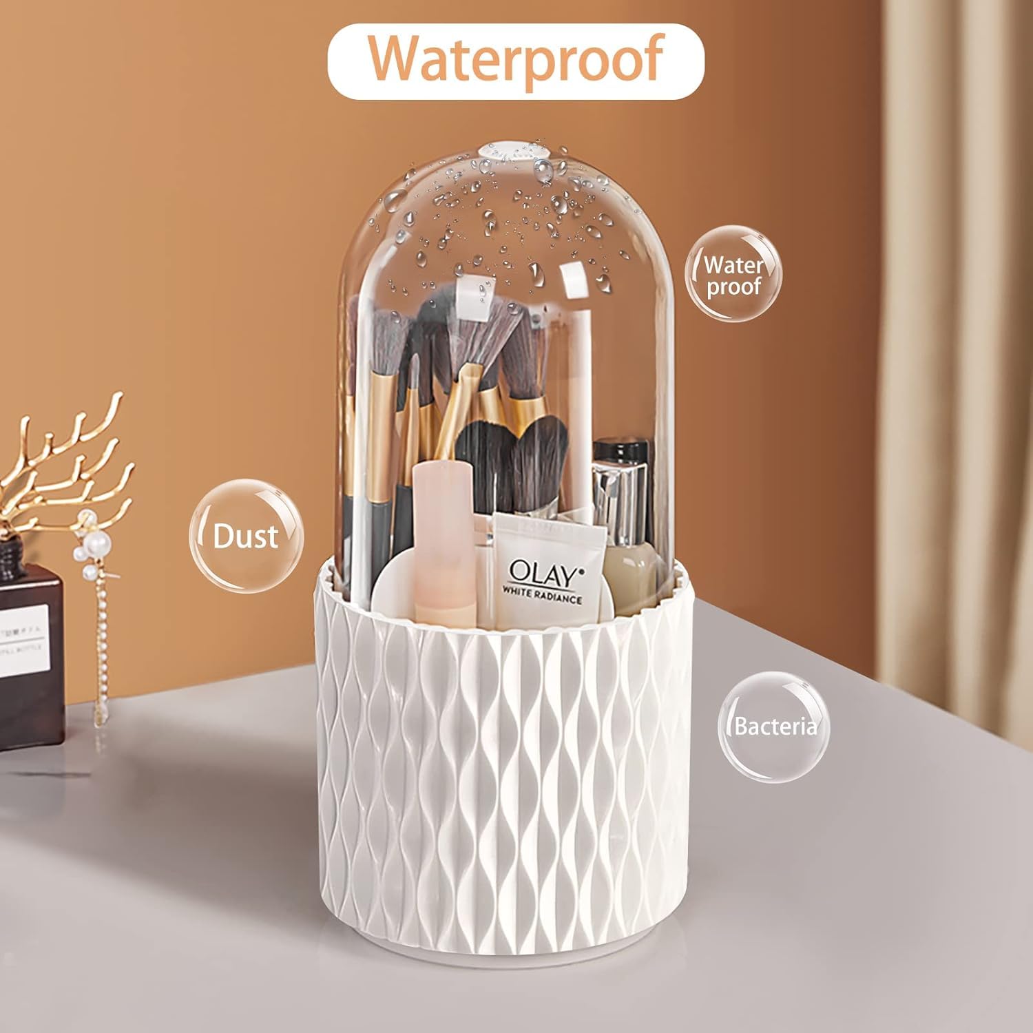 Withosent Porta Pennelli Make Up con Coperchio, 360° Rotante Organizzatore di Cosmetici con 5 Scomparti, Scaffale Organizer Trucchi per Pennelli Trucco, Ombre, Rossetti