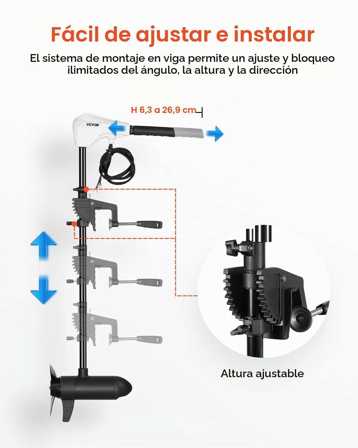 VEVOR Motor Eléctrico de Arrastre 39 kg de Empuje Motor Fuerabordas para Barco Montado en Espejo de Popa 24 V Eje de 91,5 cm 8 Velocidades con Indicador de Batería para Kayaks en Agua Dulce Salada