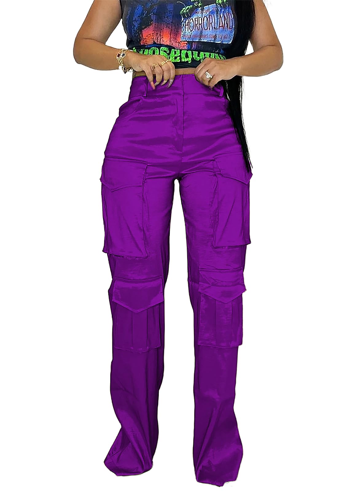 Womens Baggy Wide Leg Cargo Pants Vintage Casual Straight Leg Work Trouser with 6 Pockets