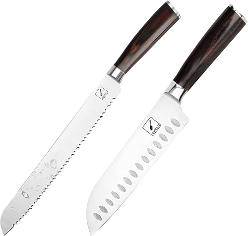 iMarku Santoku & Bread Knife - Cuchillos japoneses de chef de 7 y 10 pulgadas, ultra afilados, borde dentado para pastel