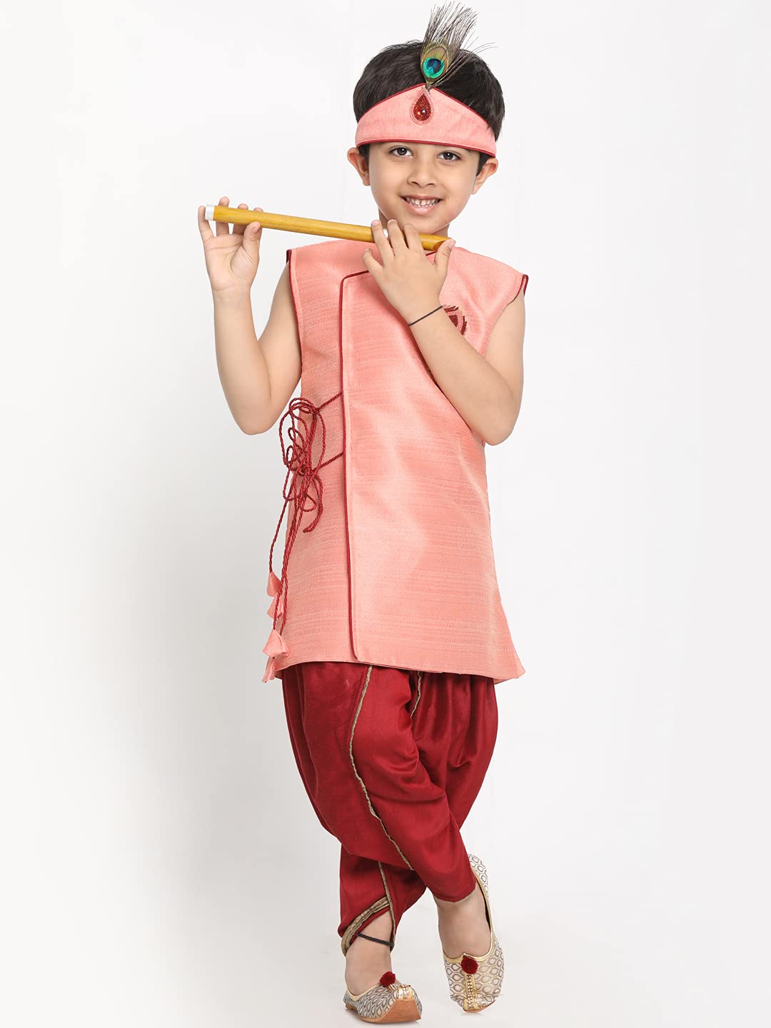 Jbn Creation Boys' Silk Blend Krishna Style Kurta And Dhoti Pant Set With Mukut And Bansuri_Jbnbdk004Pn_22