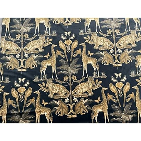 Whipsnade Safari Animals Velvet Black Gold 140cm/54" Curtain Craft Upholstery Fabric (Metre) Cover