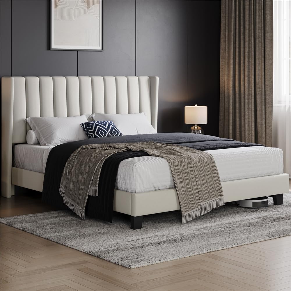 Cama tapizada 160 x 200 cm Cabecero a Rayas con Alas Láminas de Madera y Metal Beige