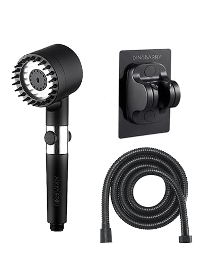 BINSBARRY Handheld Shower Head For Bathroom, High-Pressure Water Flow, 4 IN 1 multi-functional Shower Head,One-button Adjustment Hand Shower for Bathroom With 150cm Hose Pipe And Shower Stand (Black)