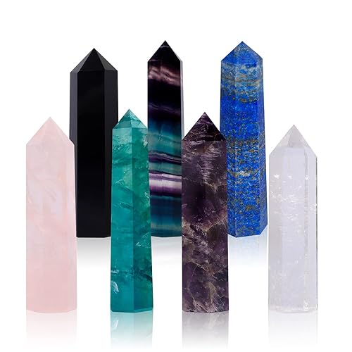Crystal Wands | 3" Healing Amethyst, Rose Quartz,Clear Quartz,Black Obsidian,Green Fluorite, Lapis Lazuli,Rainbow Fluorite| 6 Faceted Reiki Chakra Meditation Therapy,7 PCS - 3" Tall