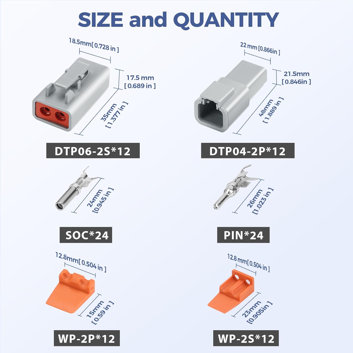 96 PCS Deutsch DTP Connector Kit 2 Pin Automotive Waterproof Connectors 12 sets with Size 12 Stamped Contacts Gauge 14-12 AWG Wire Size,25A