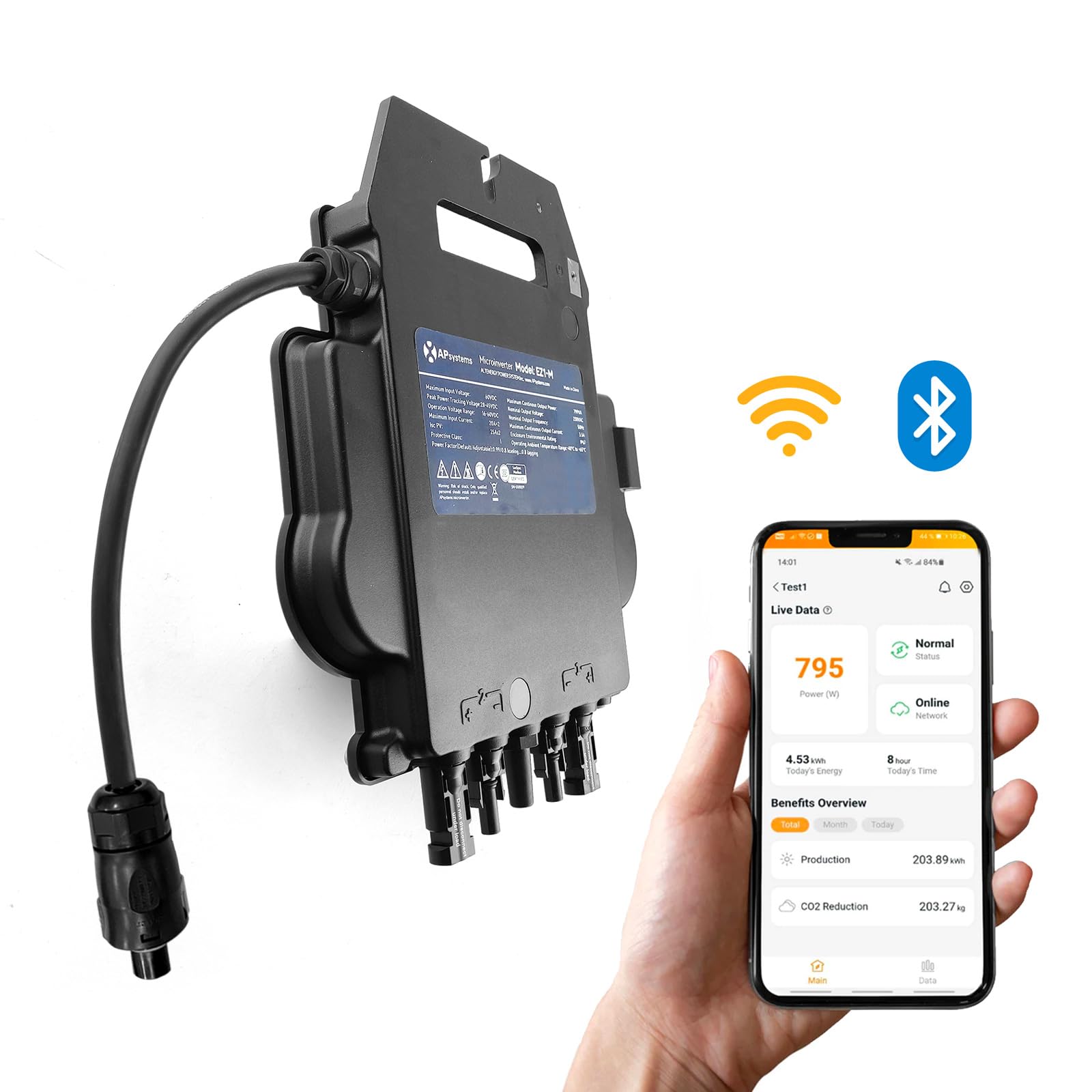 APsystems Mikrowechselrichter mit WLAN & Bluetooth, PV VDE Zertifiziert, Plug & Play Wechselrichter ideal für Balkonkraftwerk (EZ1-M 800W mit Anschlusskabel 0% MwSt)