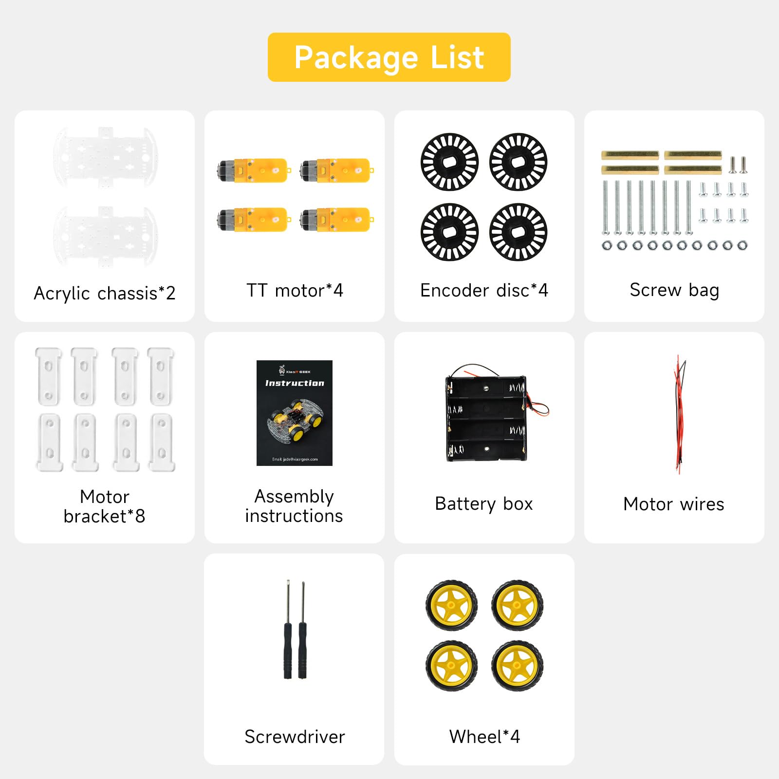 Kit de châssis robot 4WD avec moteur TT, châssis acrylique, 4 roues pour Arduino