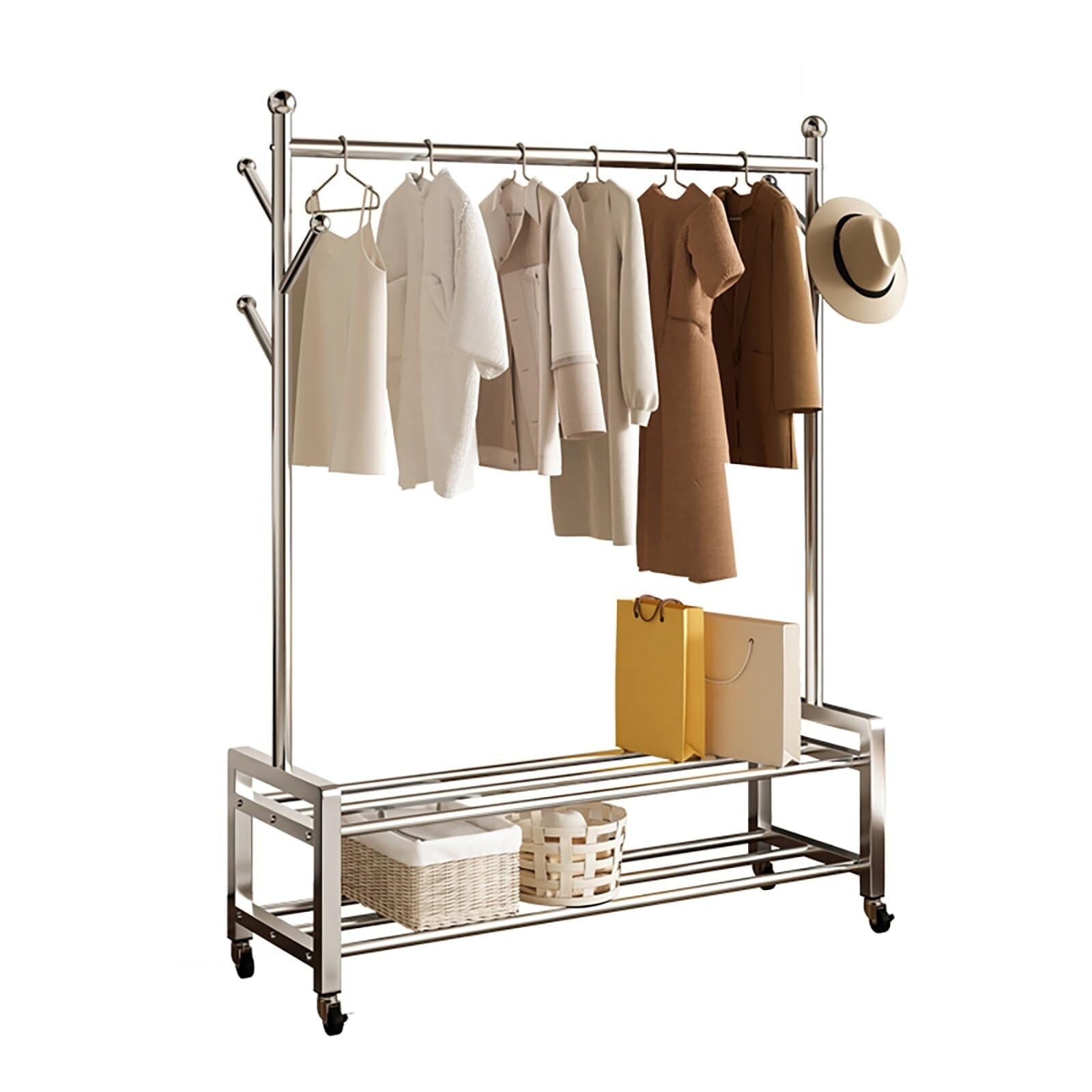 Stainless Steel Rolling Clothes Rack with 2 Shelves Heavy Duty Portable Garment Hanger Stand Adjustable 39.4in Clothing Organizer with Wheels for Easy Mobility(100cm/39.4in)