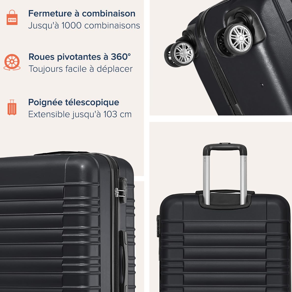 TRVLMORE Set Valise Rigide - Lot Valise - 3 Set de Valise de Voyage - Set Valises Rigides 4 roulettes - Luggage - Set 3 Valises - Ensemble Valise - Suitcase Set - Noir