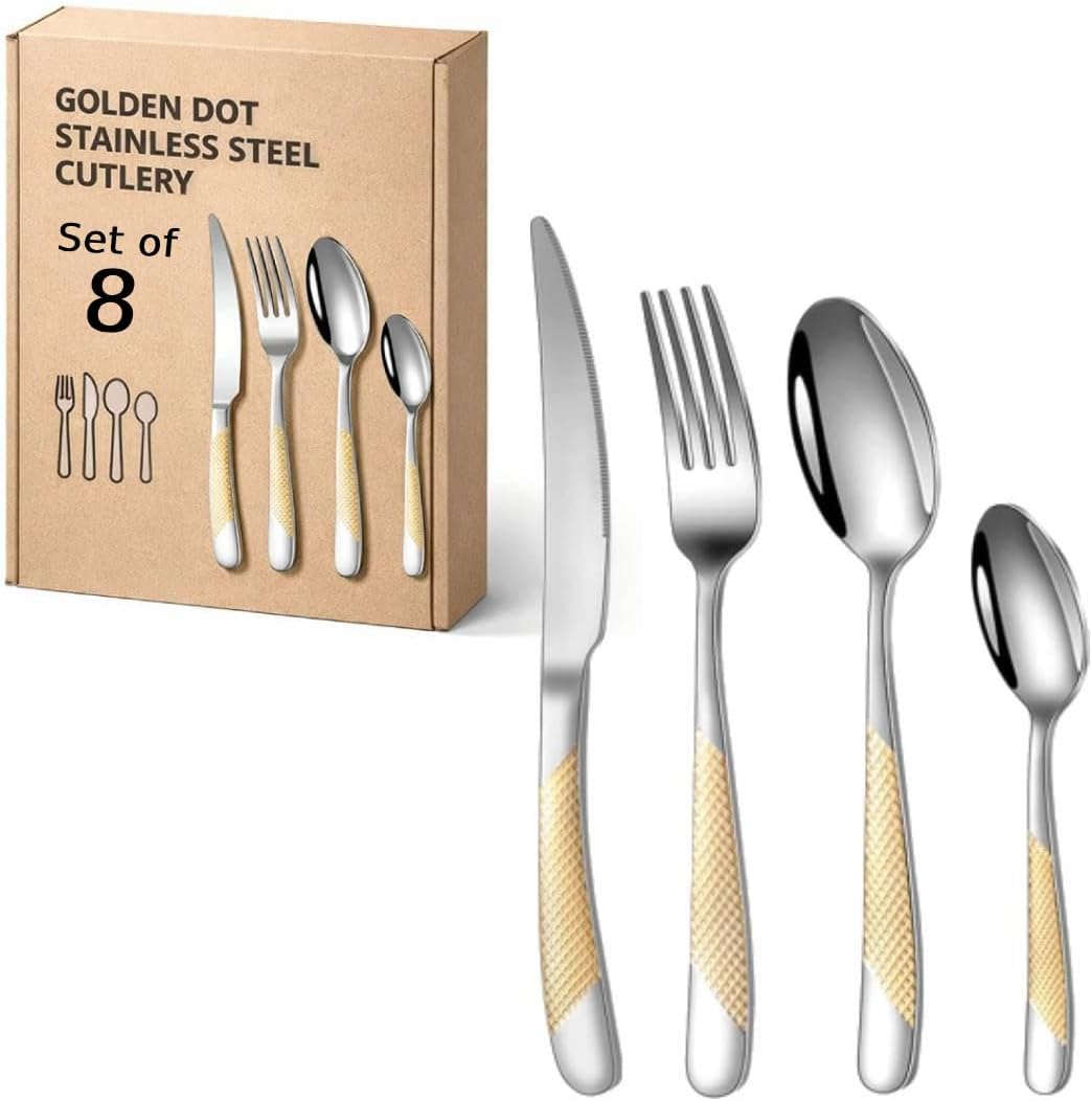 Mirror Finish Gold Plated Stainless Steel Flatware Set Copper Silverware Set Rose Gold Spoon Color Cutlery Set [Dinner Fork-Tea Spoon-Salad Spoon-Knife] Set of (Golden DOT, 8)