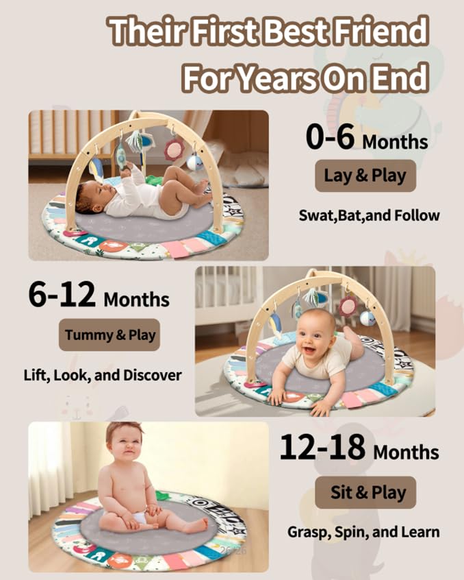 Baby Play Gym Mat with Tummy Time Activity for Newborn Girls and Boys, Non-Slip Floor Mat Includes 6 Detachable Toys for Sensory Development, Machine Washable, Essential Gift (Grey)