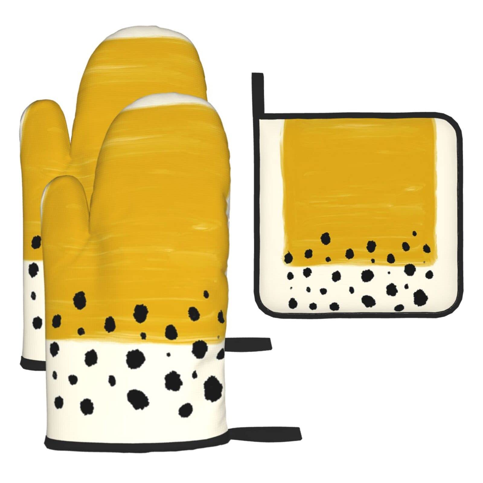Mustard Yellow and Black Oven Mitts and Pot Holder Kitchen Set for Grilling, Cooking, Baking, Heat Resistant