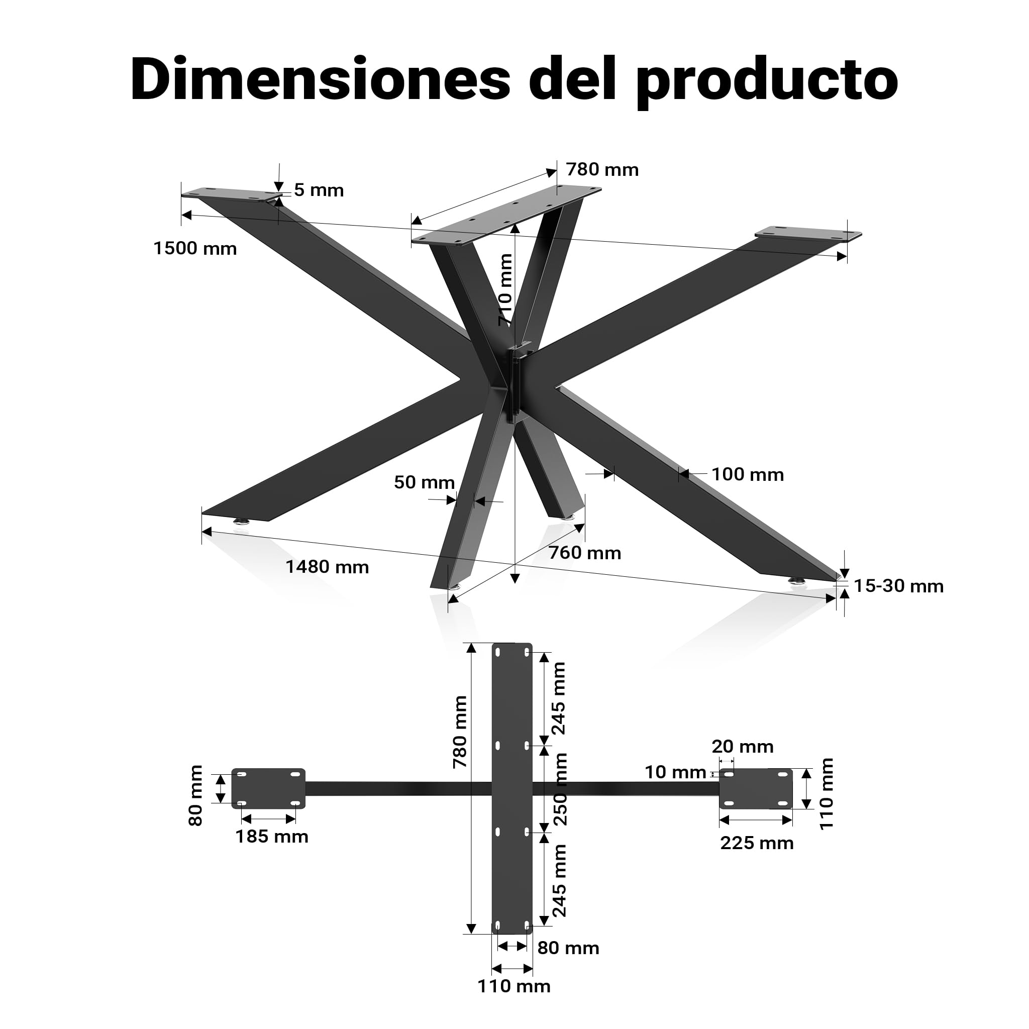 XPOtool Patas de Mesa de Acero Tipo araña 71x78x150cm Negro Marco de Metal Base de Mesa Industrial Muebles