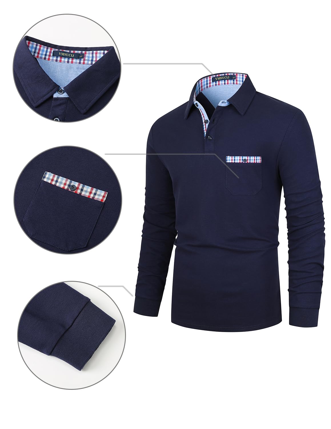 VMSUCIJ Polo Uomo Manica Lunga Cotone con Colletto Bottoni Sportive Base Polo Golf