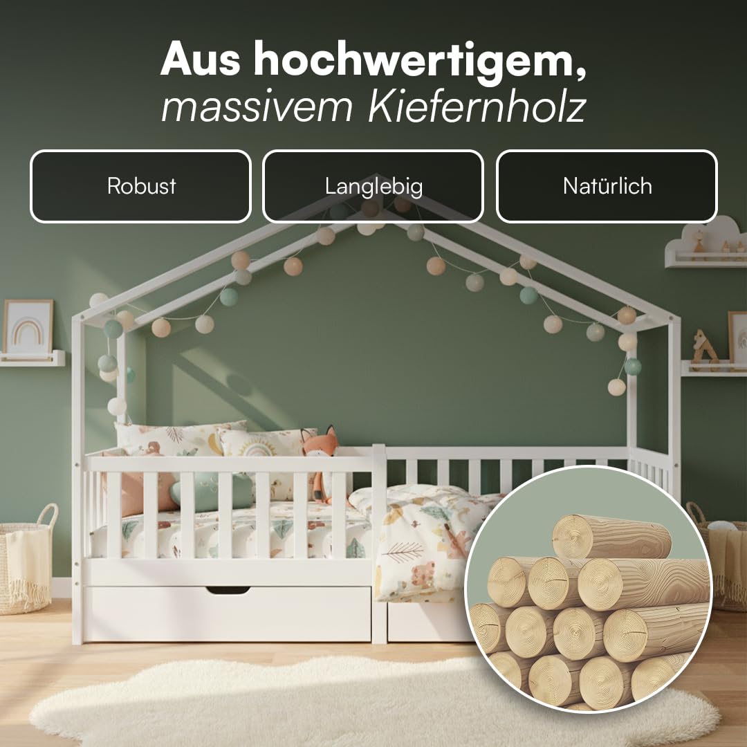 Bellabino Bia Kinderbett 90x200 cm Hausbett mit Rausfallschutz Lattenrost 2 Schubladen Montessori Bett Massivholz Kiefer Weiß