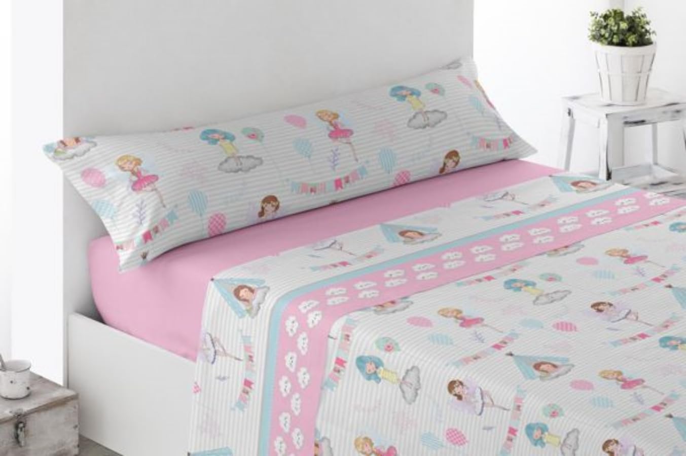 Mercatienda Juego de Sábanas Térmicas de Pirineo, Modelo Hadas/Rosa - 100% Poliéster - para Otoño/Invierno - Bajera para Colchones de 26 cm - para (Cama 90cm)