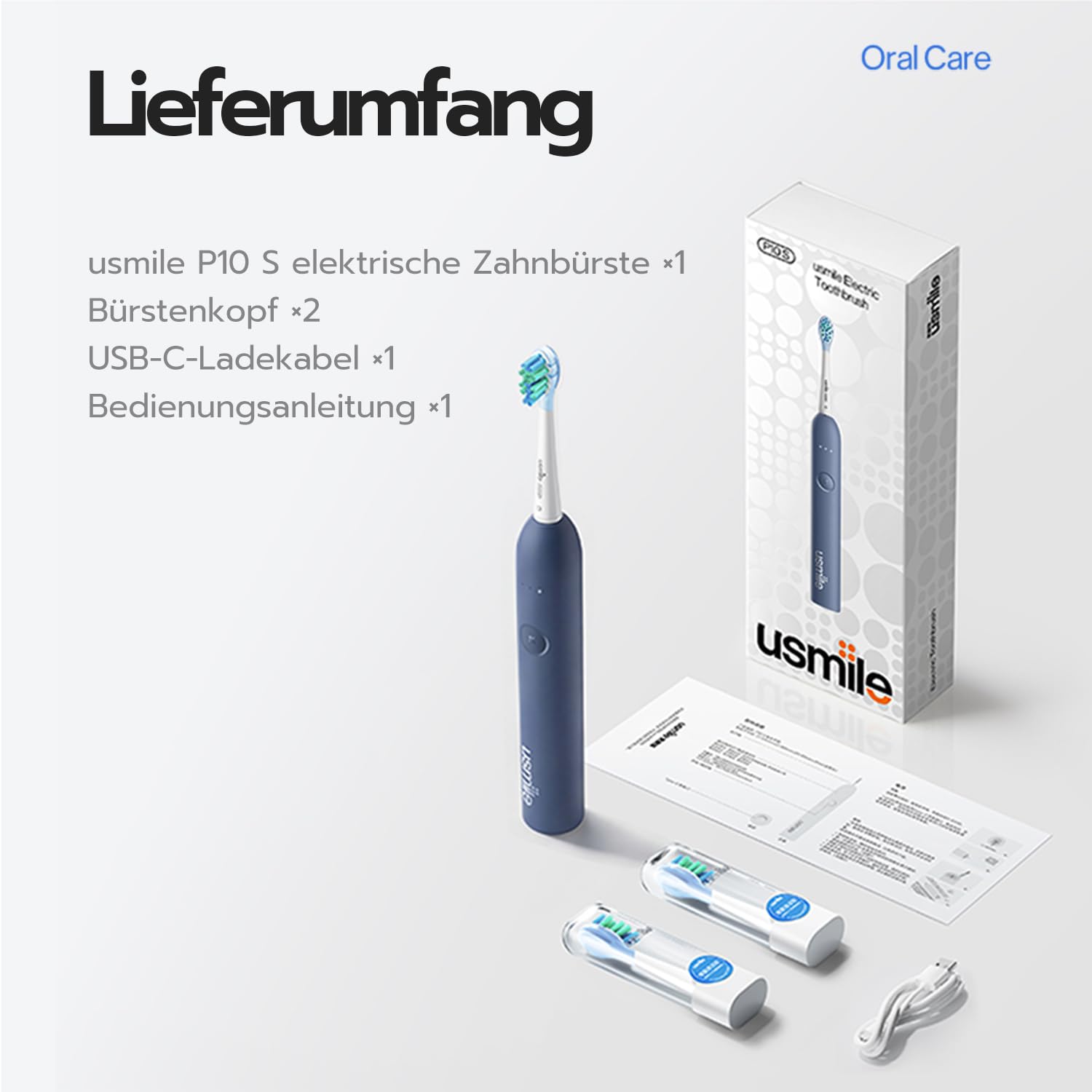 usmile P10S elektrische Zahnbürste – 3 Modi (Tiefenreinigung & Aufhellung), 180 Tage Akkulaufzeit, gepolsterter Zahnfleischschutz-Bürstenkopf für empfindliche Zähne, Smart-Timer, 2 Bürstenköpfe (Blau)