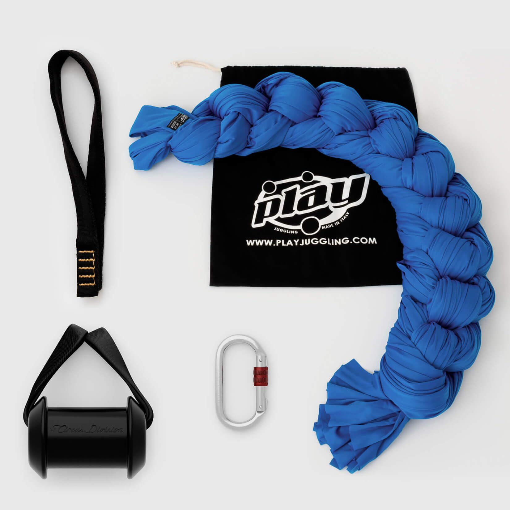 Play Juggling - Kit Fixation Poutre + Tissu Aérien + Cloche à Tissu + Mousqueton vis Acier pour acrobaties aériennes et disciplines aériennes, 100% Polyester, Certifié