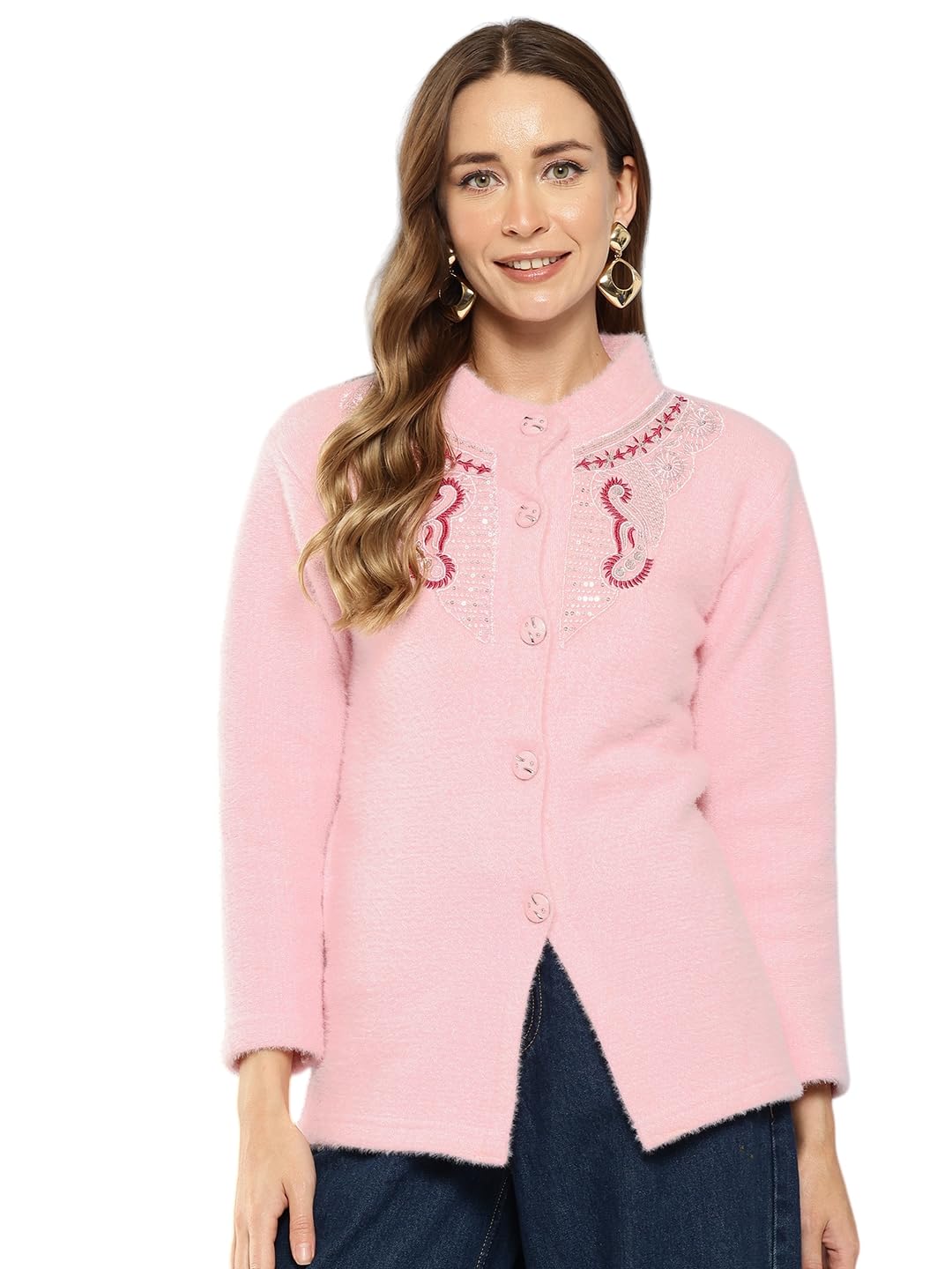aarika Womens Pink Colour Embroidery -Woolen Cardigan-picture-11