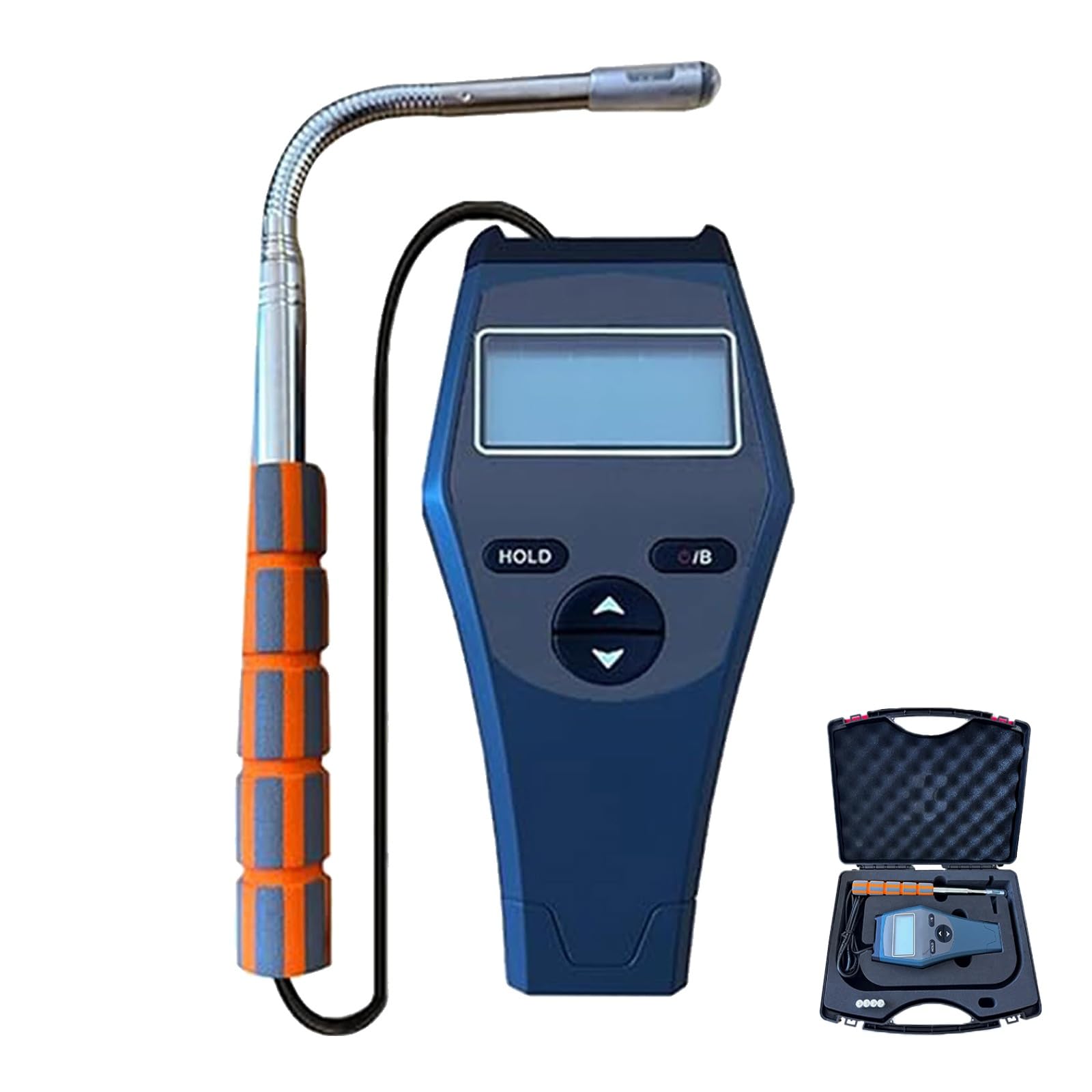 Cyfrowy anemometr z sondą zakrzywioną, wysoka czułość, podświetlany ekran LCD, pomiar prędkości wiatru 0,05–30,0 m/s, automatyczna kompensacja punktu zerowego