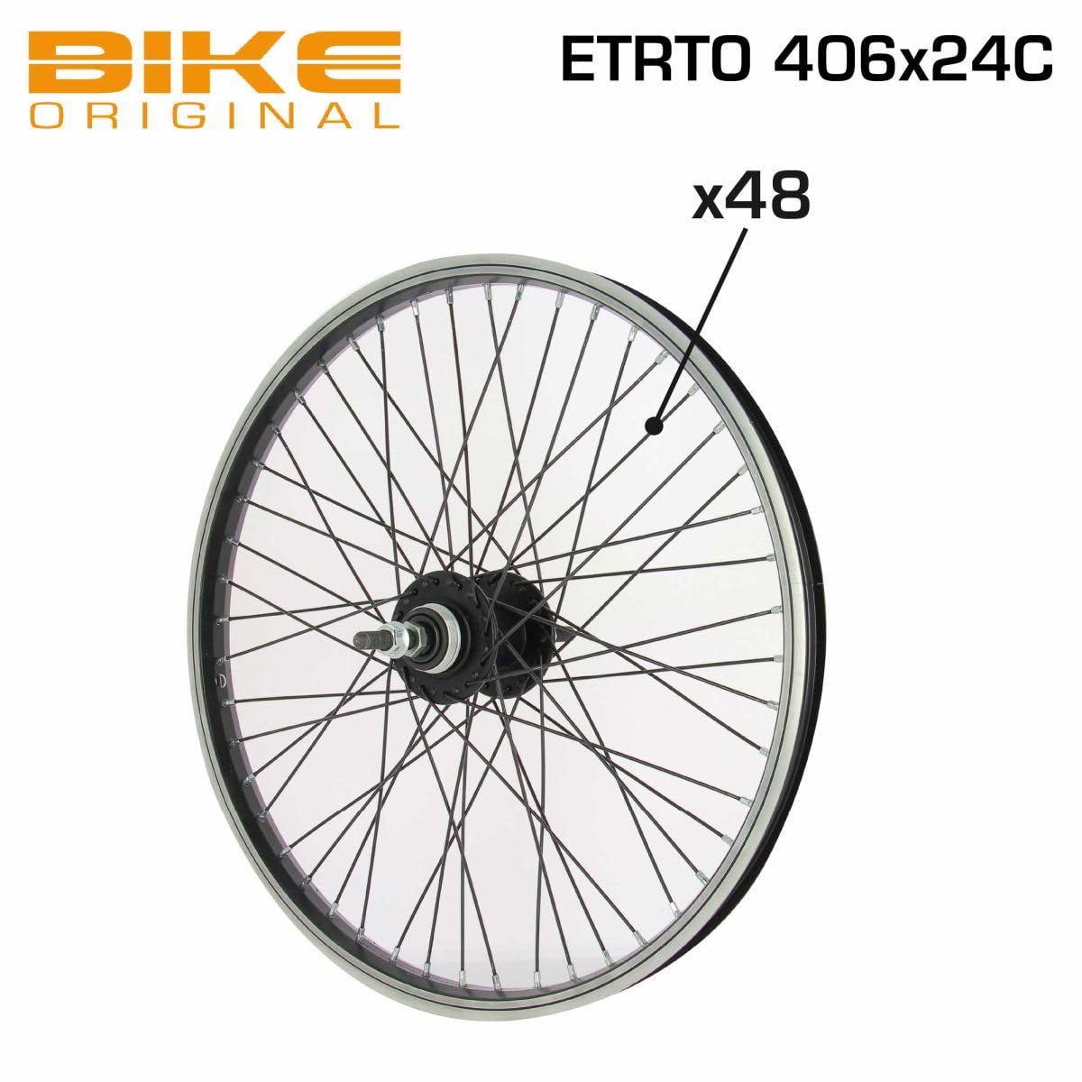 BIKE ORIGINAL - Roue Arrière BMX 20" - Jante Alu Simple Paroi 48 Trous - Moyeu Acier à Écrous - Freinage sur Jante - Compatible Pneus 25-65 mm - Couleur Noire
