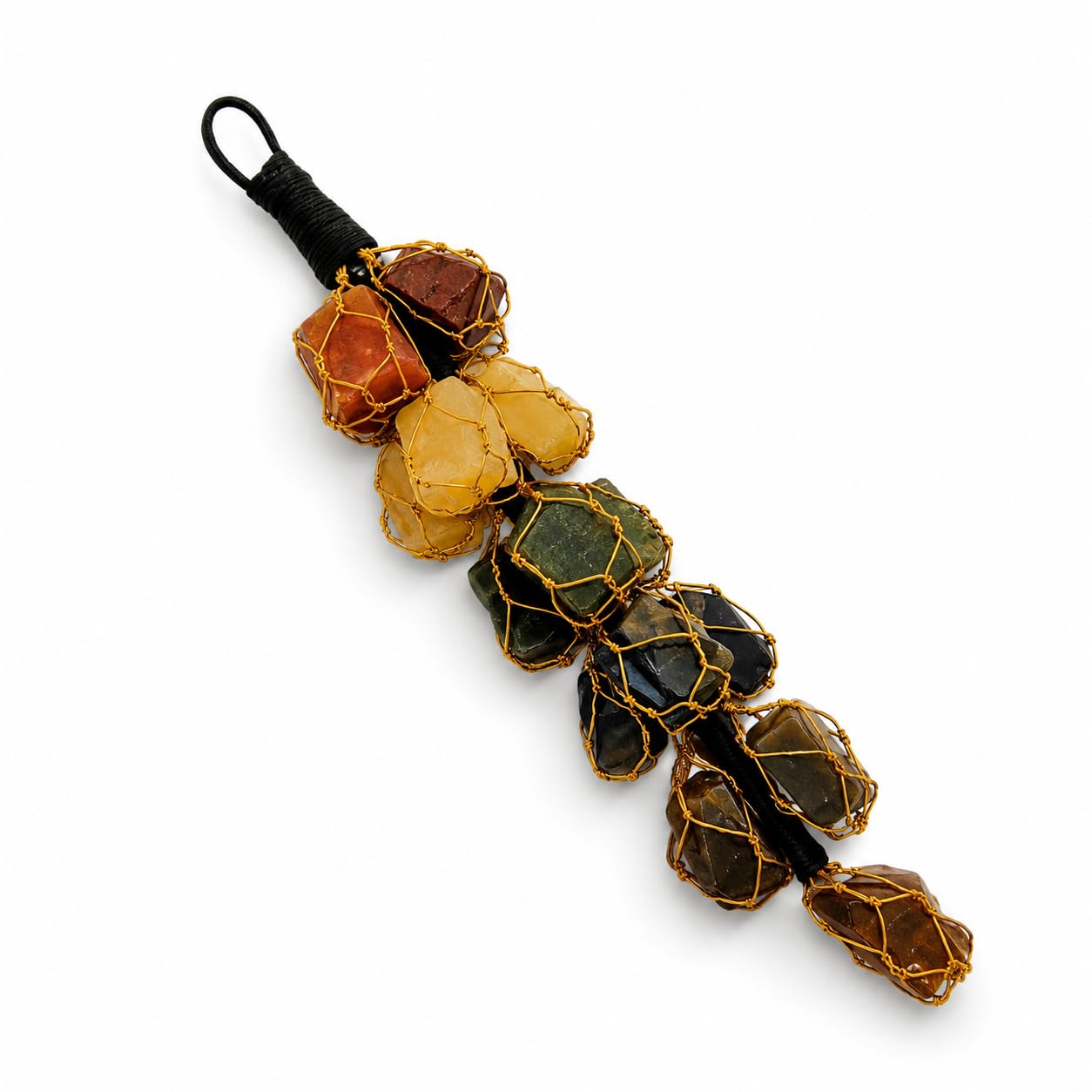 Natural 7 Chakra Crystal Raw Hanging Ornaments | Raw Tumbled Stones, Gold Wire Wrapping, Black Cord Loop, Boho Style, Wall Hanging Decor-image-15