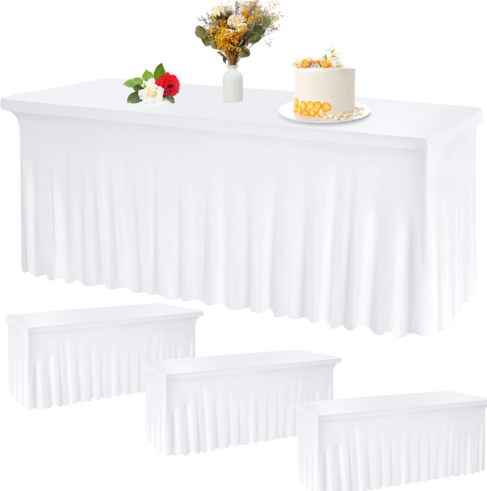 Chumia 4 Pieces Spandex Skirts for Rectangle Wedding Tables Wrinkle Resistant Fitted Tablecloth Ruffles Design Buffet Table Cover for Valentines Wedding Events Banquets Party(White, 72 x 30 x 29 in)