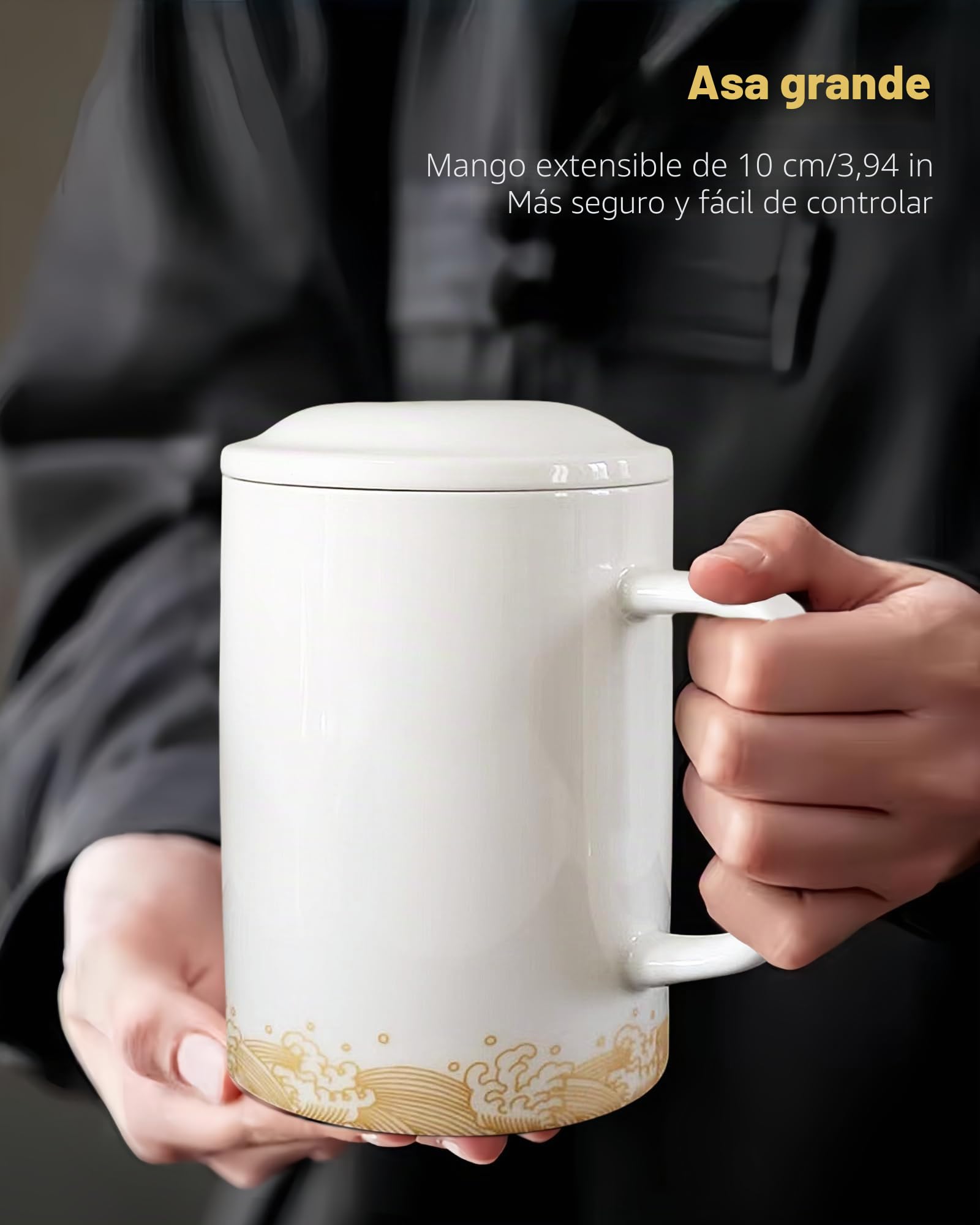 Taza de Café Gigantes Grande de Cerámica 1000 ml, Blanco | Tazas enormes, mug muy grande XXL con tapa y cuchara, aptas para lavavajillas y microondas, para café, té, oficina y hogar