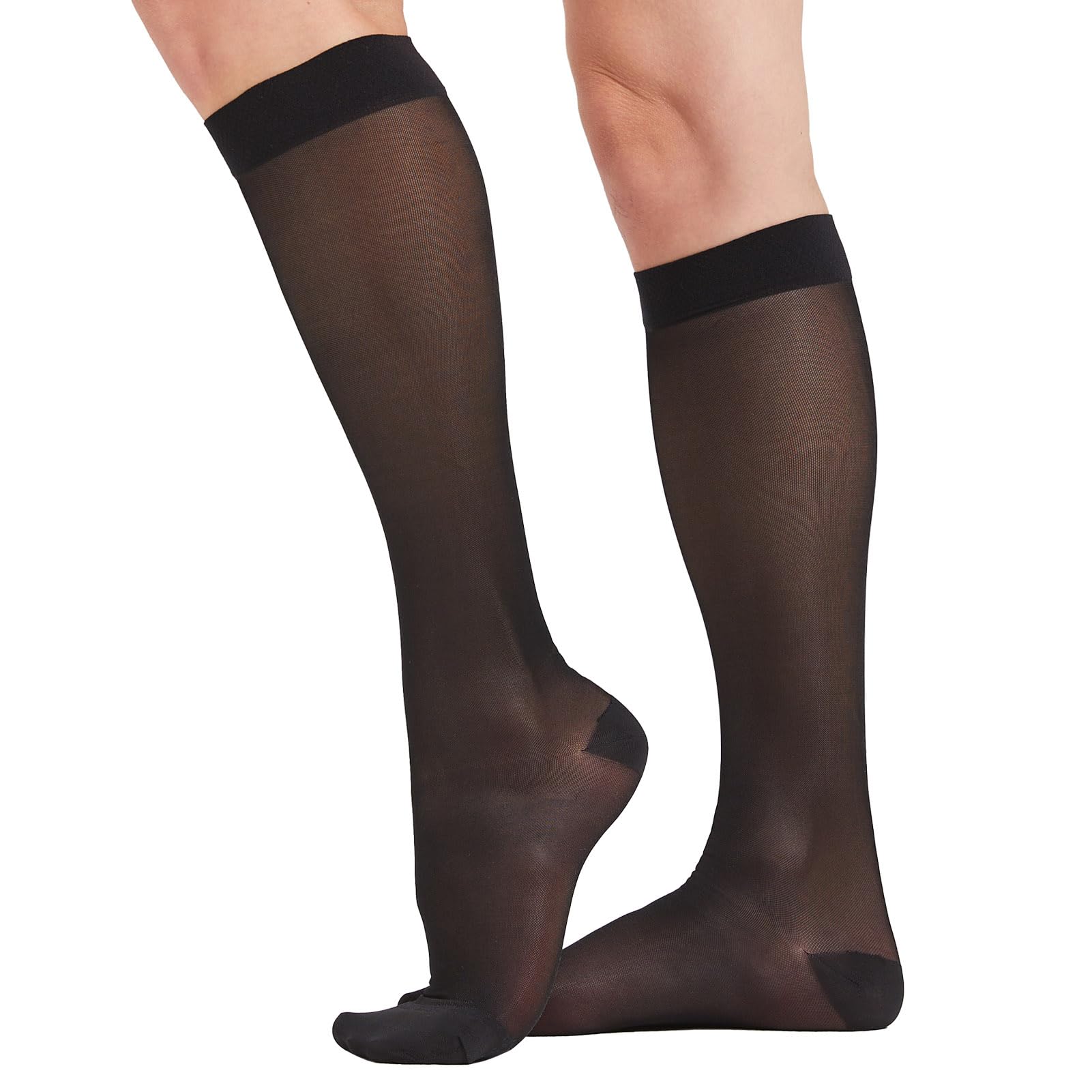 Photo 1 of 2 Pairs Sheer Compression Socks for Women - 15-20 mmHg Knee High Sheer Compression Stockings for Support Circulation Swelling Edema Work Office Travel, Black, Small