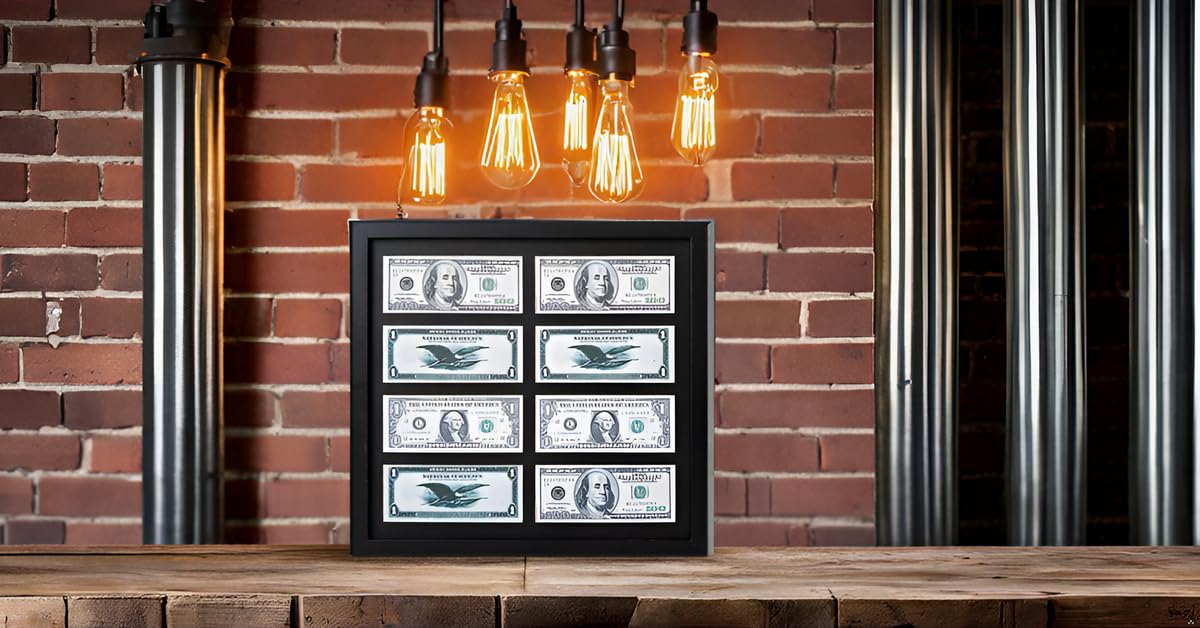 UKIARWT Shadow Box,Multi Picture Frame,Dollar Bill Frame,Currency Sleeves,8 Dollar Bill Frame Display,Black Dollar Bill with EWith Black Mat, Easel Stand/Wall Mount - Sawtooth Hangers