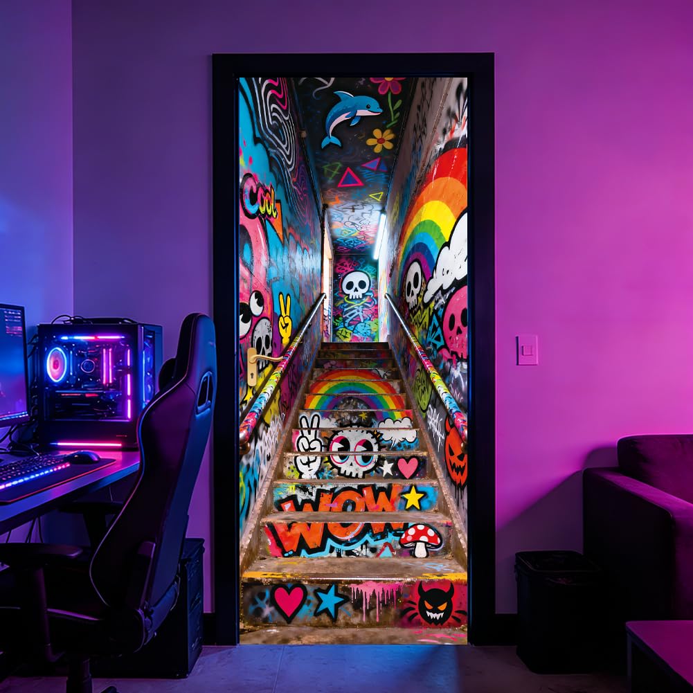 CRAFTYMELODY Door Sticker Peel Stick Removable Self Adhesive Door Mural Decal Vinyl PVC Waterproof Door Cover Wallpaper for Home Office Shop Decoration 31.48×78.74 Inch Graffiti Staircase
