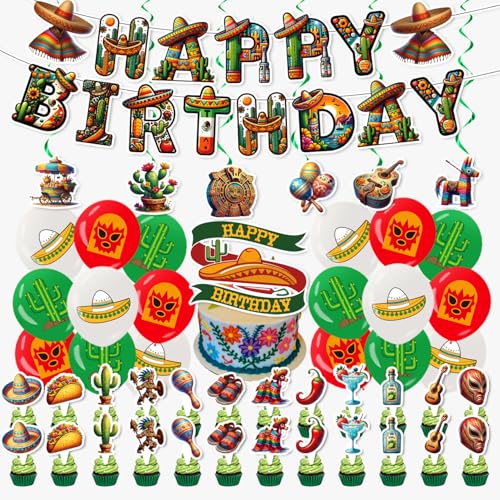 Image of Mexican Birthday Decoration Set, Mexico Fiesta Happy Birthday Banner, Party Supplies with Banner, Hanging Swirl, Balloon, Cake Topper, Cupcake Topper