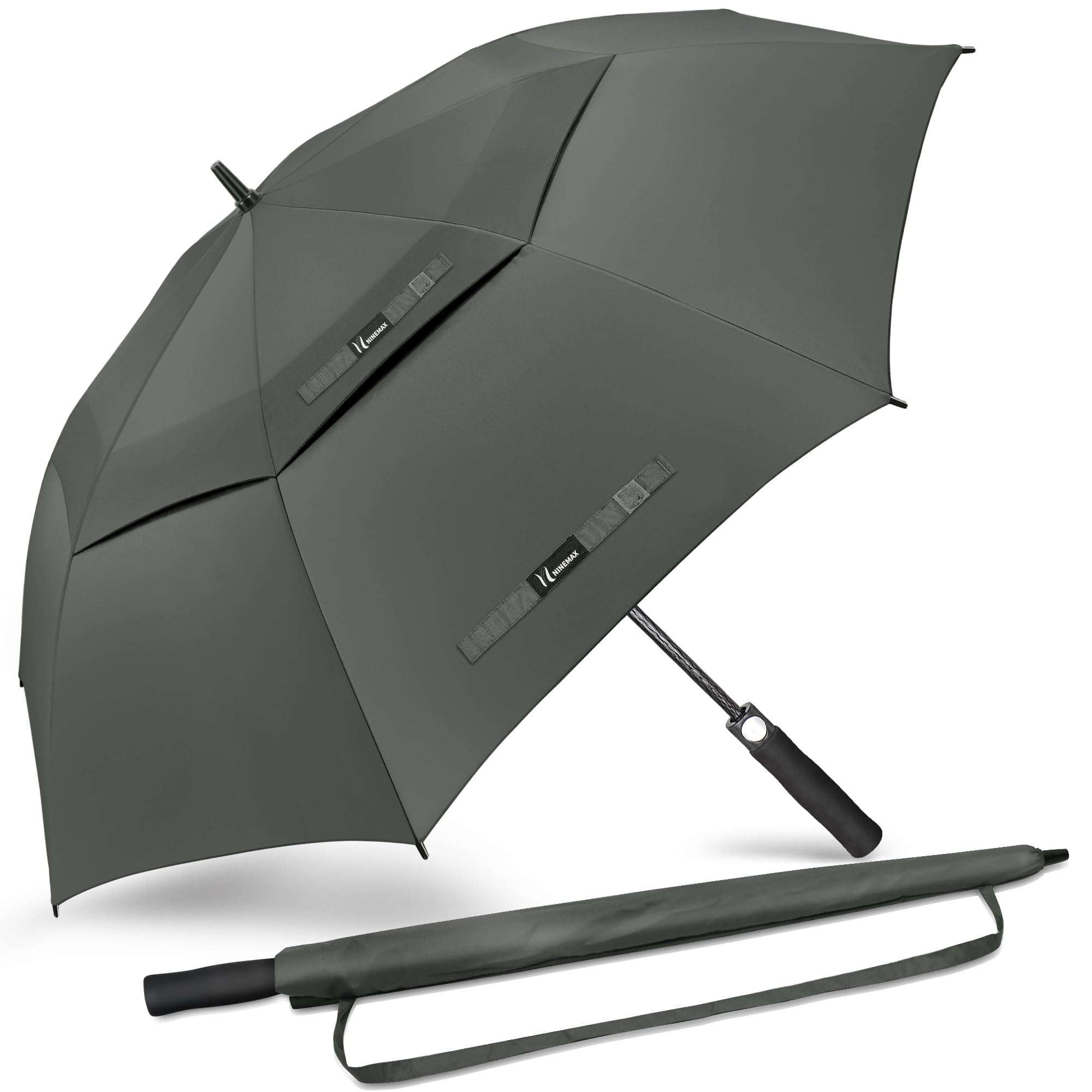 NINEMAX Golf Umbrella Windproof and Rainproof 62inch, Large Umbrella Double Canopy, Golfing Brolly Heavy Duty Unbreakable for Men Women(Mid-Grey)