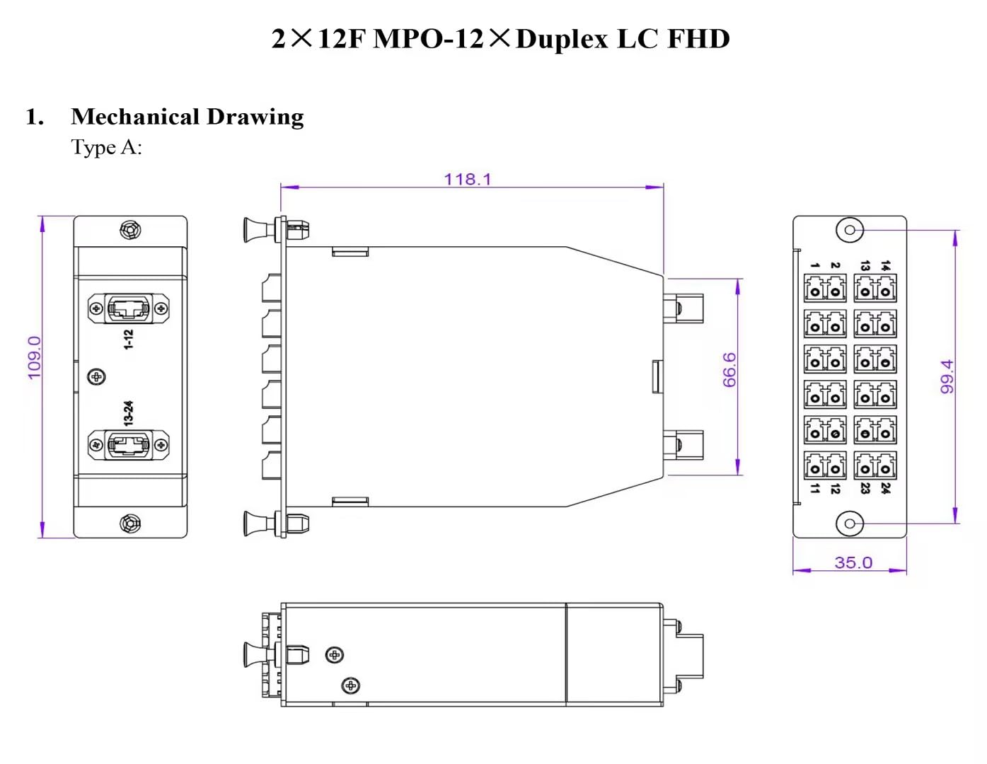 FHD MPO-LC Kassette, OM4 Multimode, Typ A, 24 Fasern, 2 x MPO-12 (männlich) auf 12 x LC Duplex (Aqua), 0,35 dB max