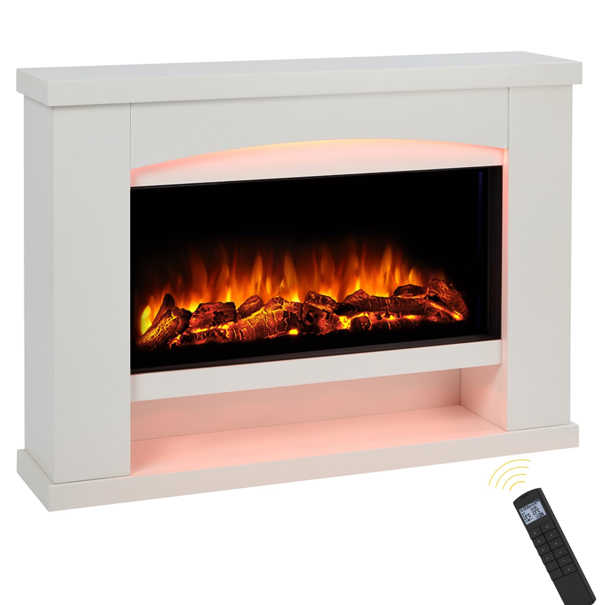 Endeavour Fires Duggleby 48" Electric Fireplace Suite with Realistic Flame & Log Effect Fire, 13-Colour LED Lighting, Remote Control, Off-White Surround & Hearth