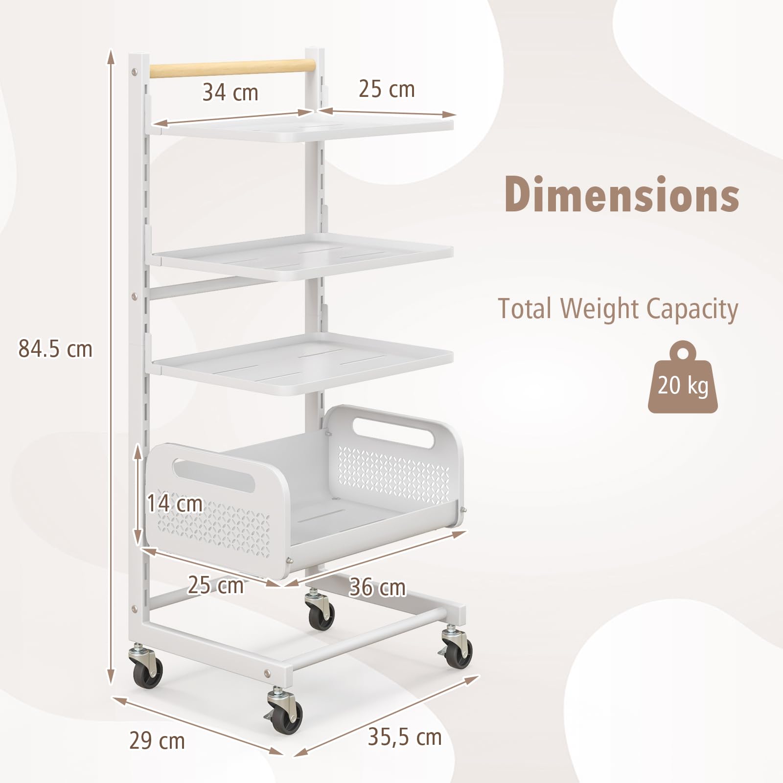 GIANTEX Carro de Almacenamiento de 4 Niveles, 35,5 x 29 x 84,5 cm, Estantería con 4 Ruedas, Estante Ajuestable con 20 Posiciones, Carrito Auxiliar con 3 Estantes y 1 Cesta, para Cocina, Salón